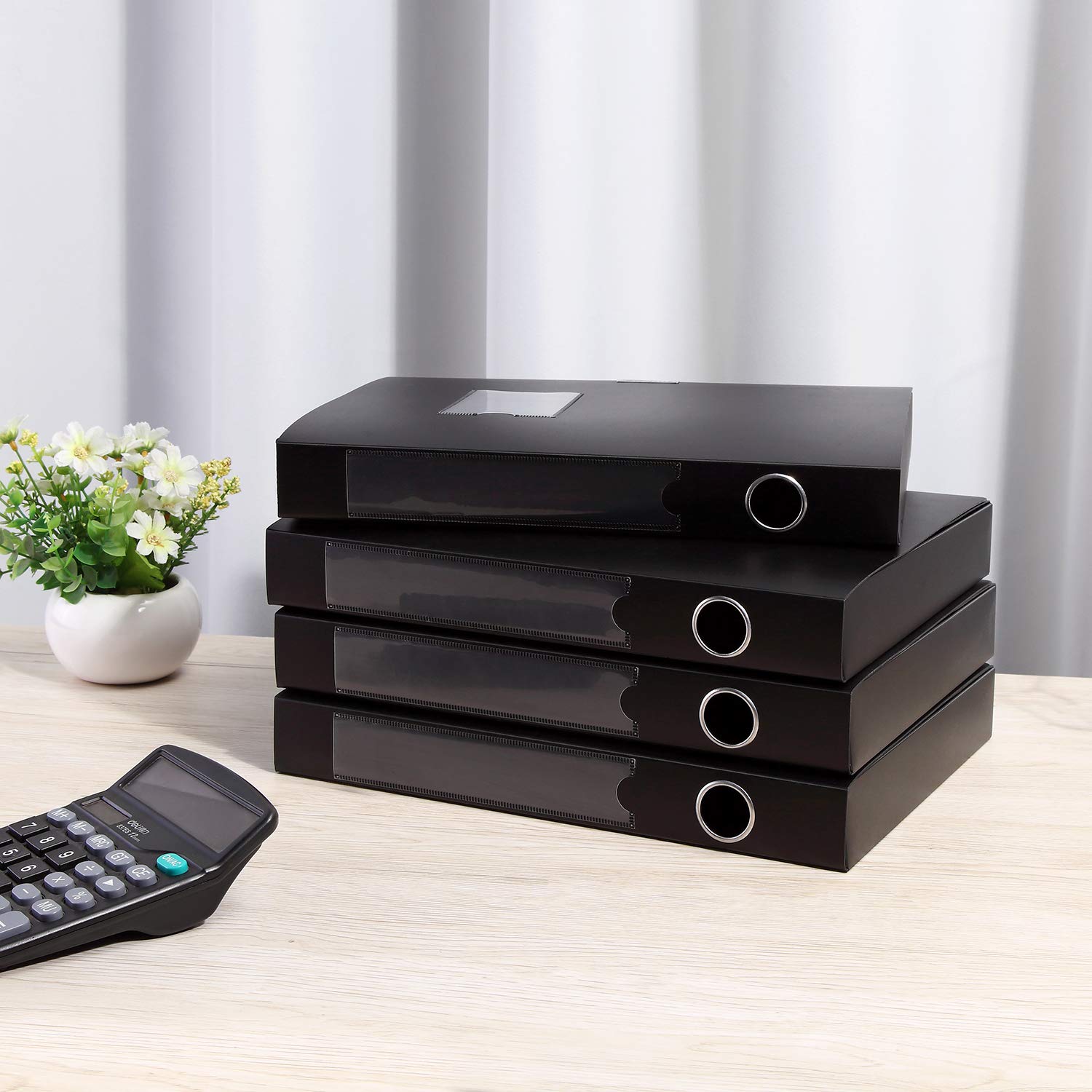 HUA JIE 4 Pack A4 Storage File Boxes Plastic Archives Cases with Lid,Black