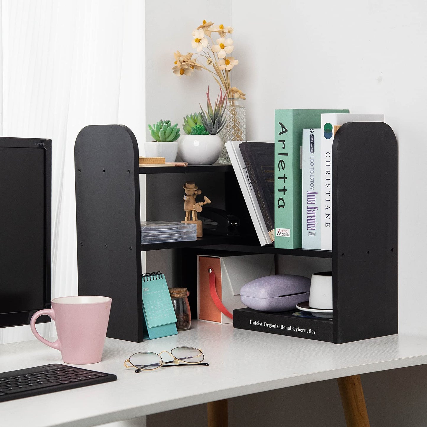VERGOODR Desktop Adjustable Natural Wood Book Shelf Organizer Office Storage Rack Display Stand