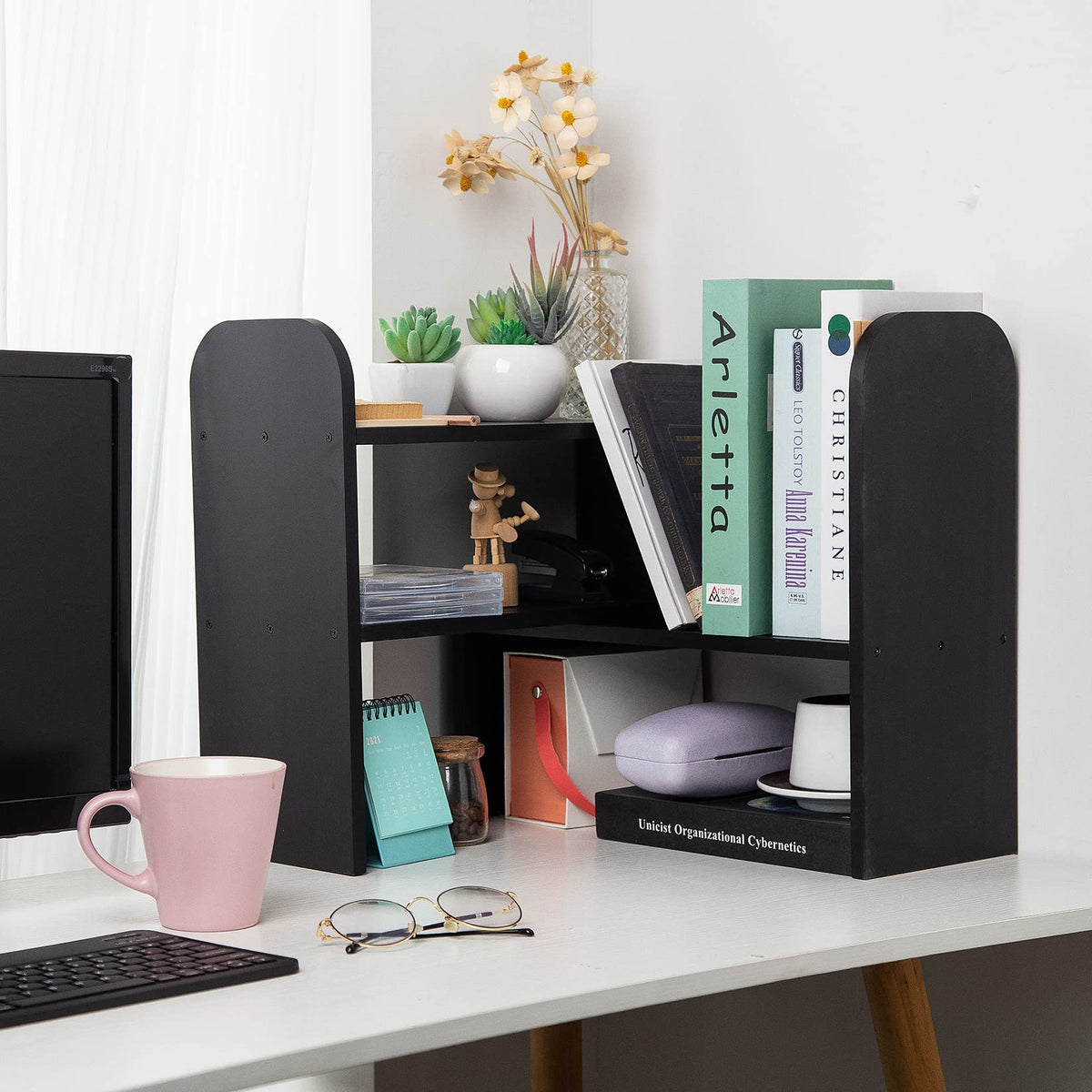 VERGOODR Desktop Adjustable Natural Wood Book Shelf Organizer Office Storage Rack Display Stand