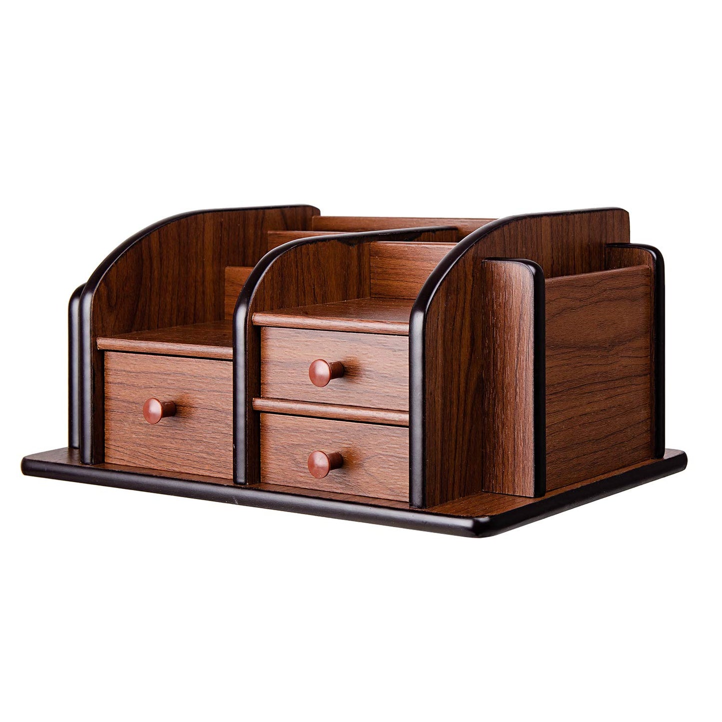 Liry Products Brown Wooden Desk Organizer Multiple Compartments 3 Drawers Slots 2 Shelves Racks