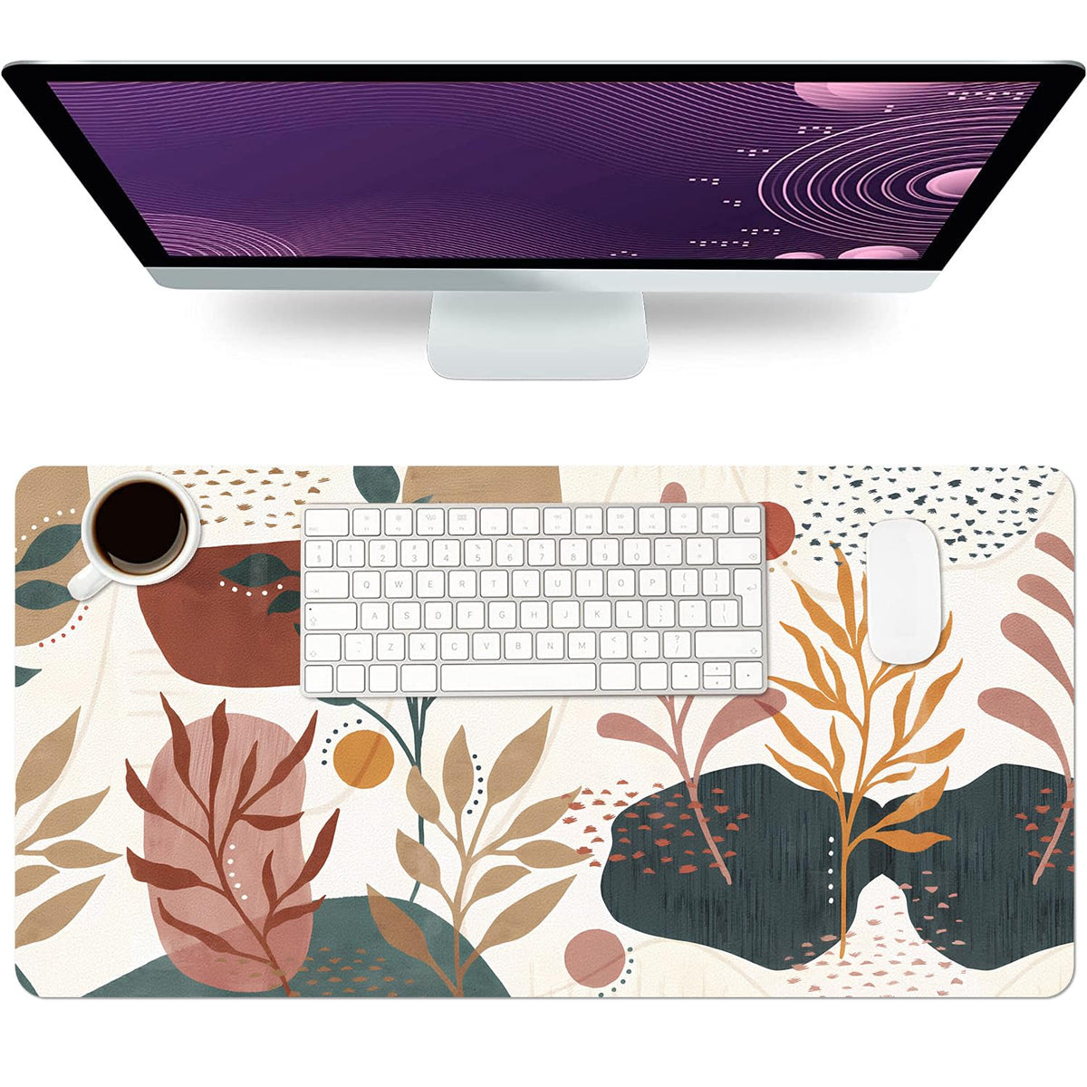 Floral Desk Mat, Large Non-Slip PU Desk Pad, Abstract Blossom 31.5"x15.7"
