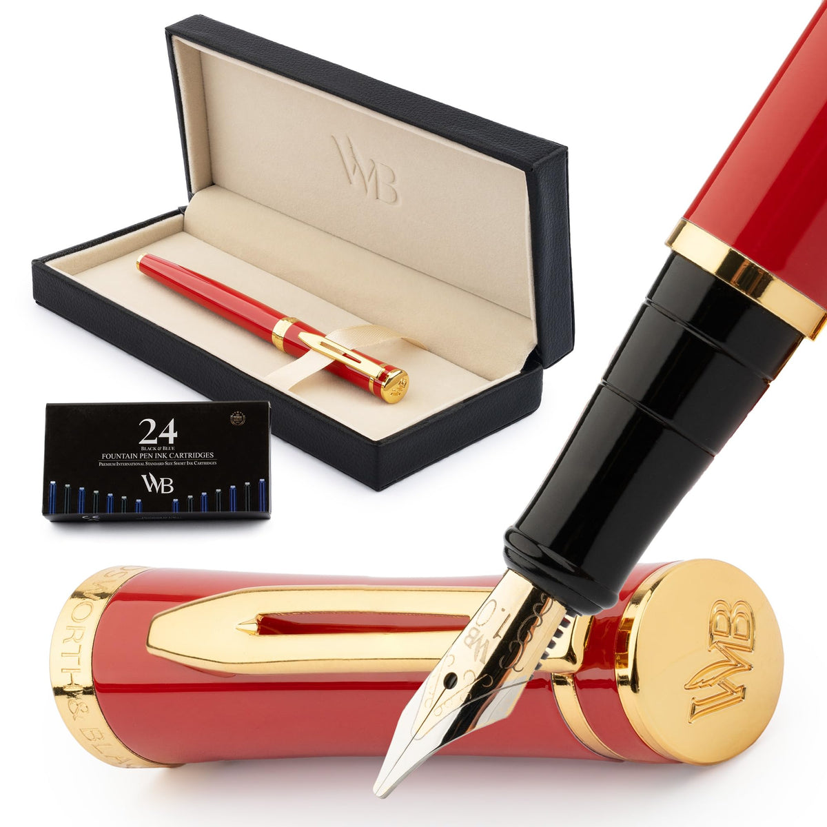 Wordsworth & Black Luxury Fountain Pen Set for Writing, Broad Nib, Red