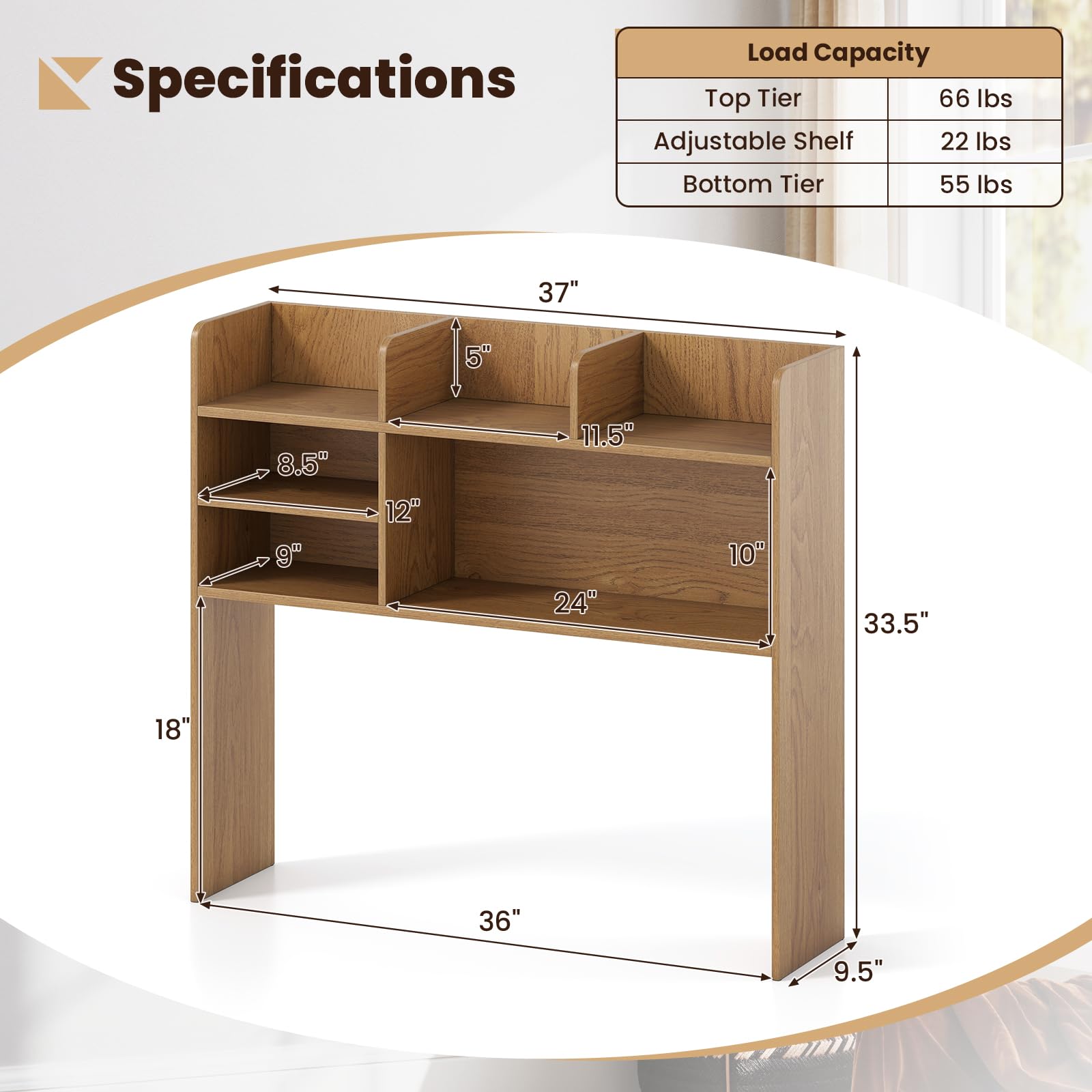Giantex Desktop Bookshelf, 37" Desk Hutch Dorm for Computer Up to 32 Inch, Countertop Hutch w/6