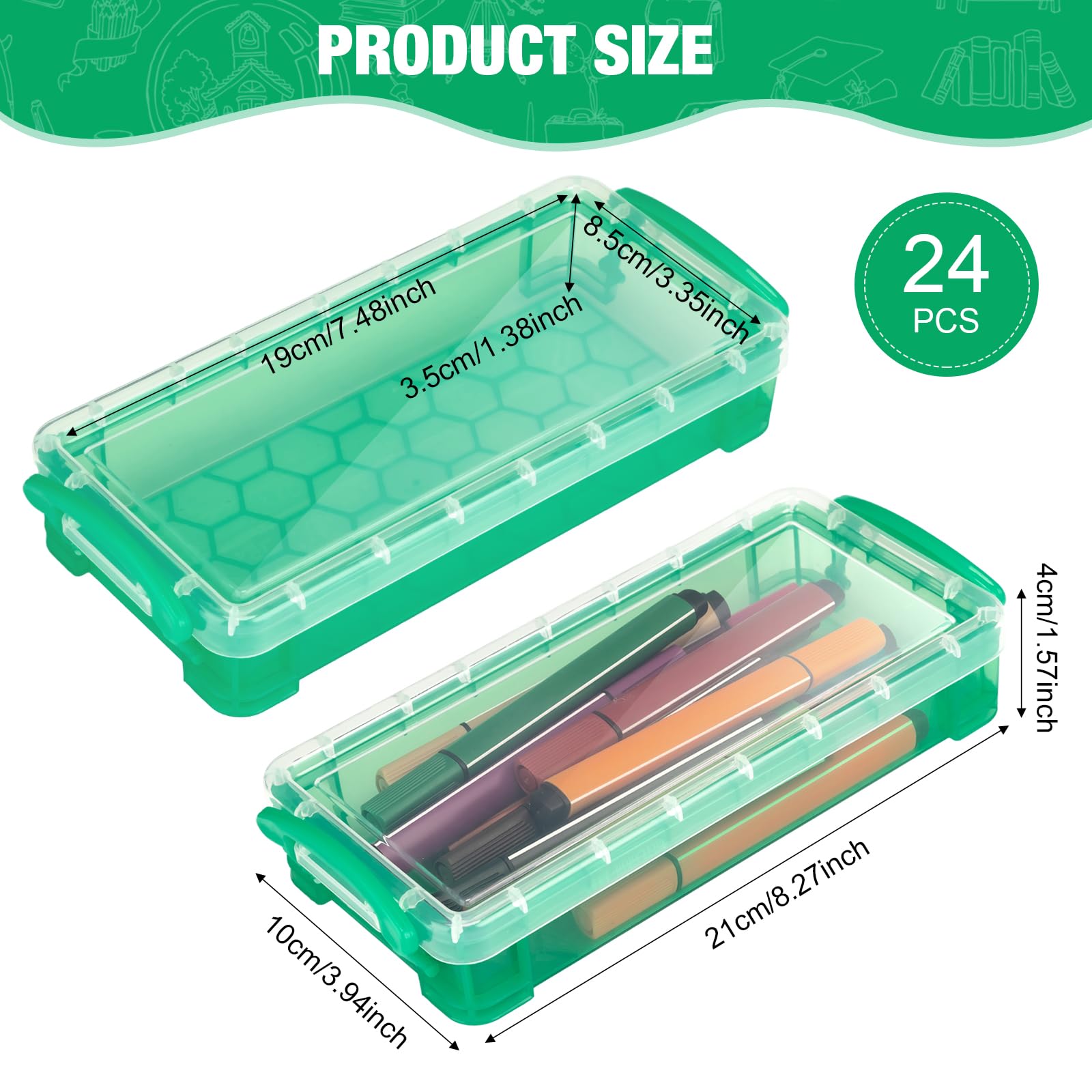 Gueevin Pencil Box Clear Plastic Pencil Case, Green, 24 Pcs