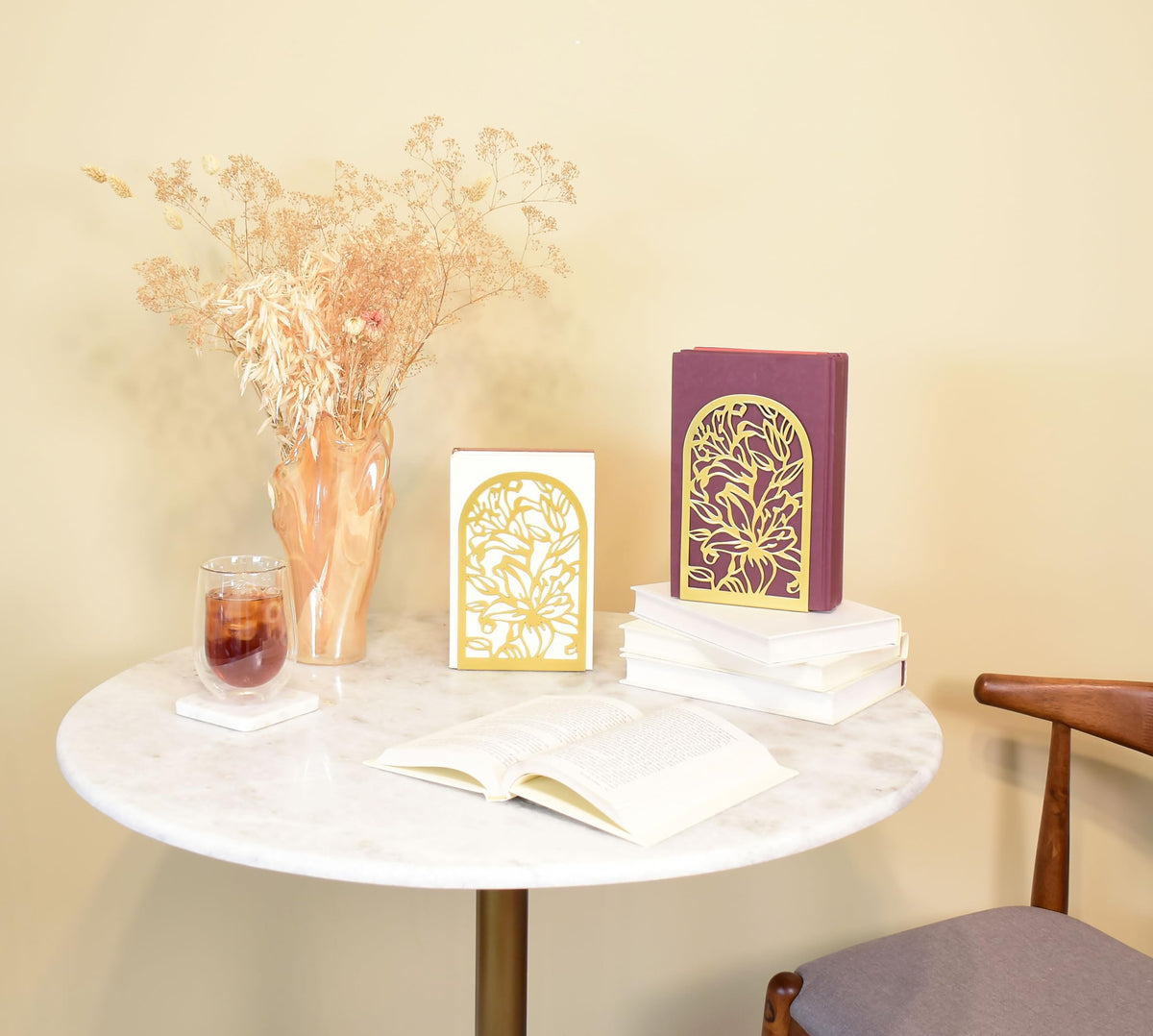 CNK Premium Bookends, Metal Book Stoppers for Heavy Books, Home Office & Decor (Lily Flower Gold)