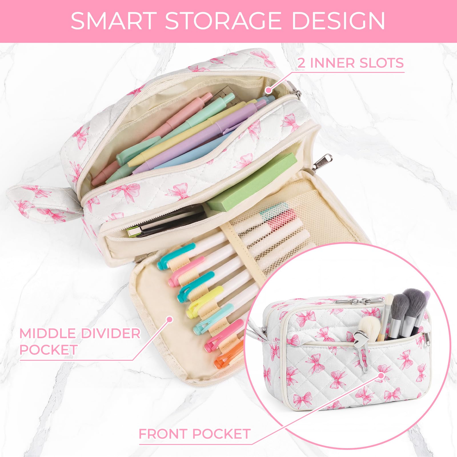 WOBAGMEN Quilted Pencil Pouch for Girls Women, Large Pencil Case Pouch with Compartments Cute