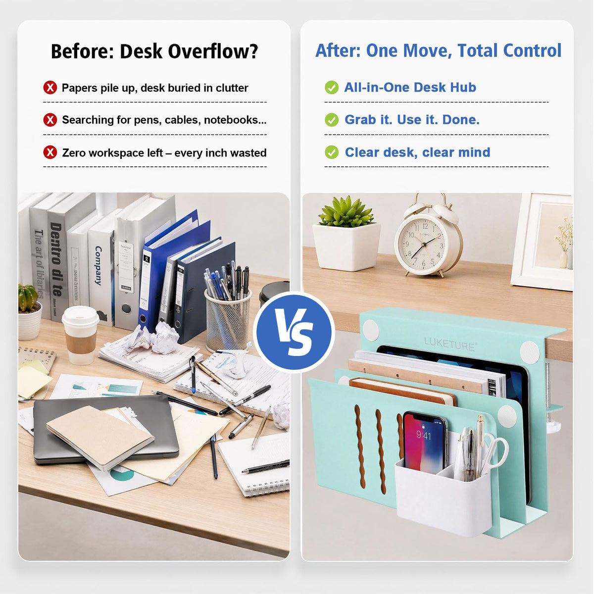 LUKETURE Desk Side Storage, 2 Tie Laptop Holder No Drill Clamp On Organizer