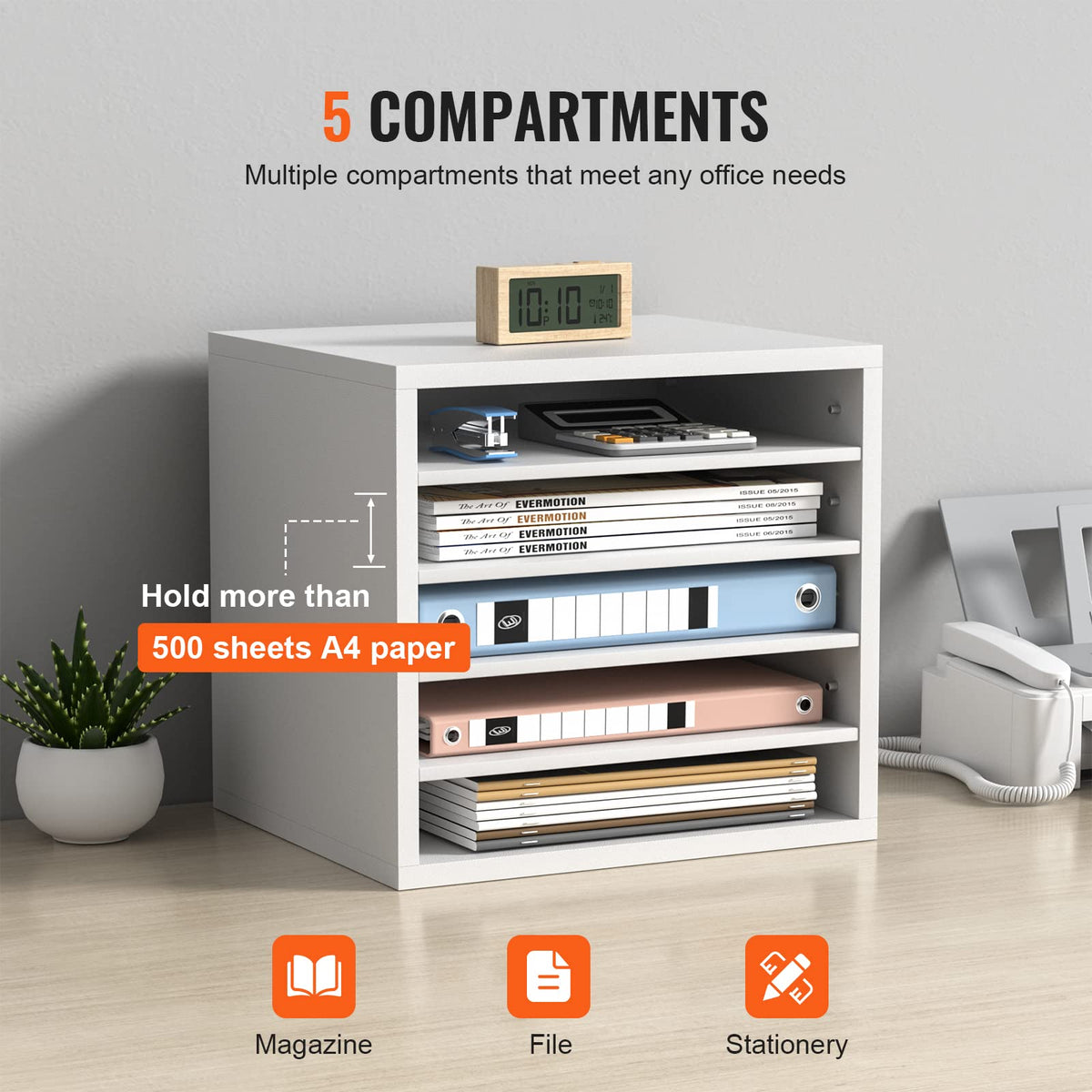 VEVOR Literature Organizers, 5 Compartments Office Mailbox with Adjustable Shelves, Wood Literature