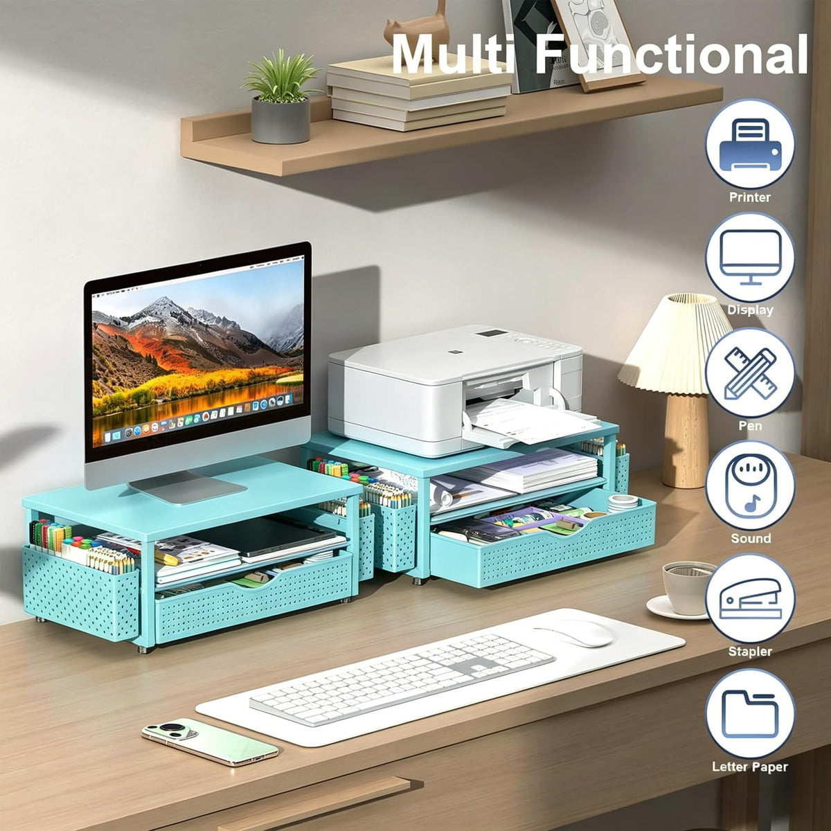 Spacrea Desk Organizers and Accessories, Printer Stand with Storage, Blue