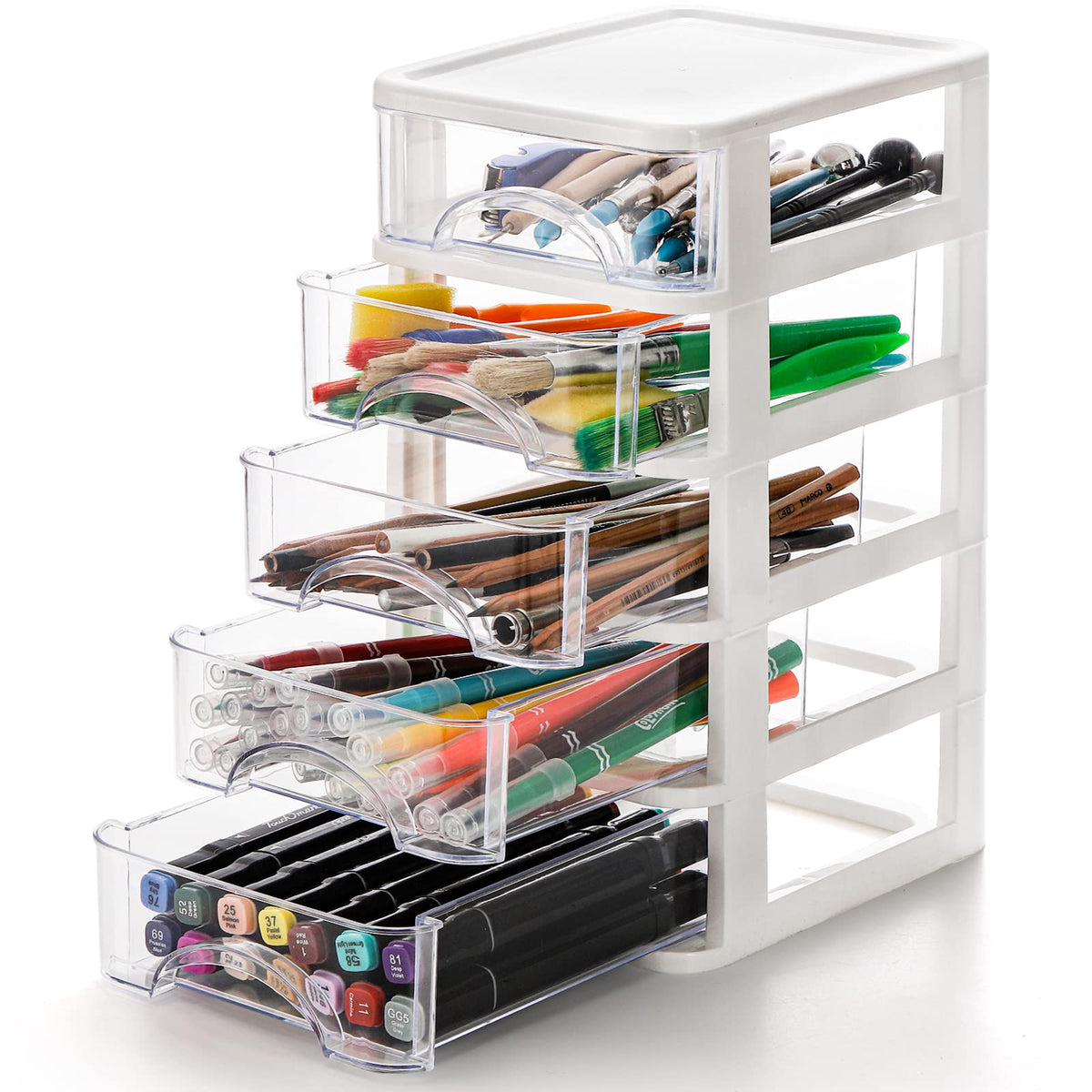 Hedume Desktop Drawer, Clear 5 Drawer Desktop Storage Unit, White Frame with Clear Drawers, Drawer