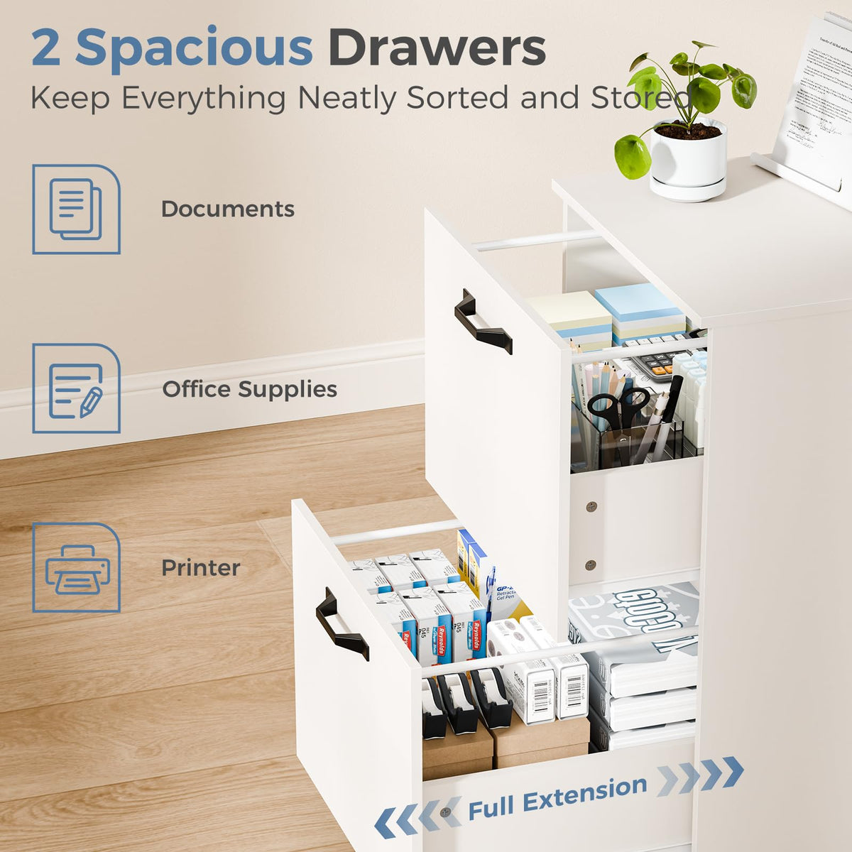 DUMOS 2 Drawer Filing Cabinet, Rolling Under Desk Storage, White