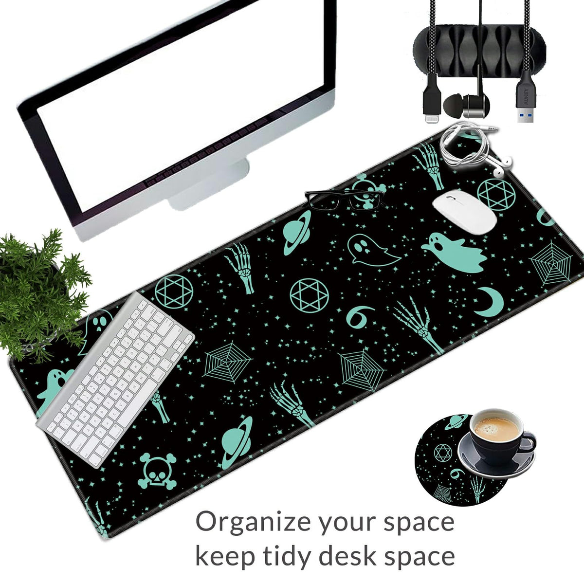 Large Gaming Mouse Pad Plus a Coasters + Cable Clips, Skull Moon Gothic Extended Mousepad (31.5 x