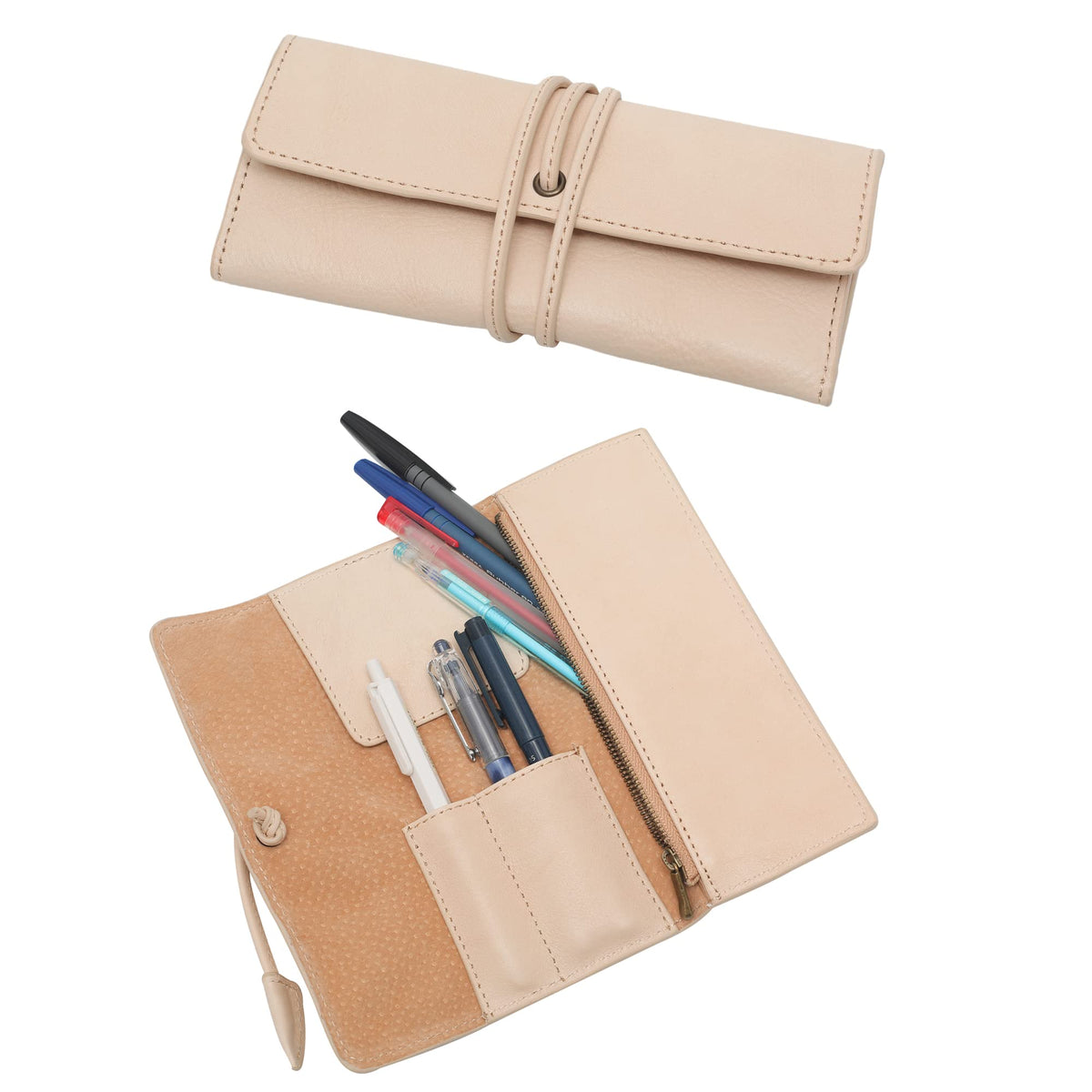 ZLYC Handmade Leather Pencil Case Soft Roll Bag Stationery Gift, Beige