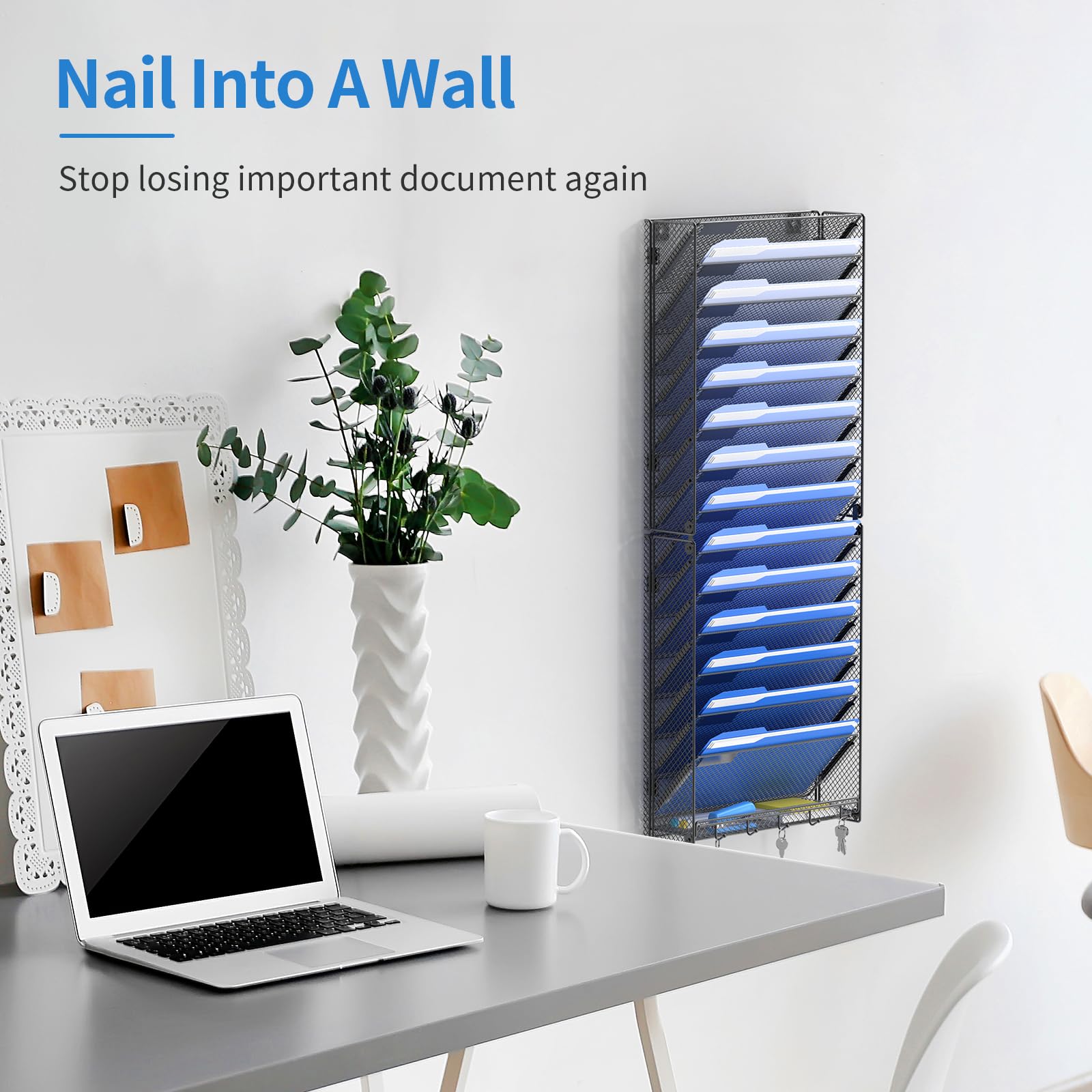 OUTWOLF 15 Tier Wall File Organizer with Hooks, Hanging Wall File Holder Wall Mount Paper Folder