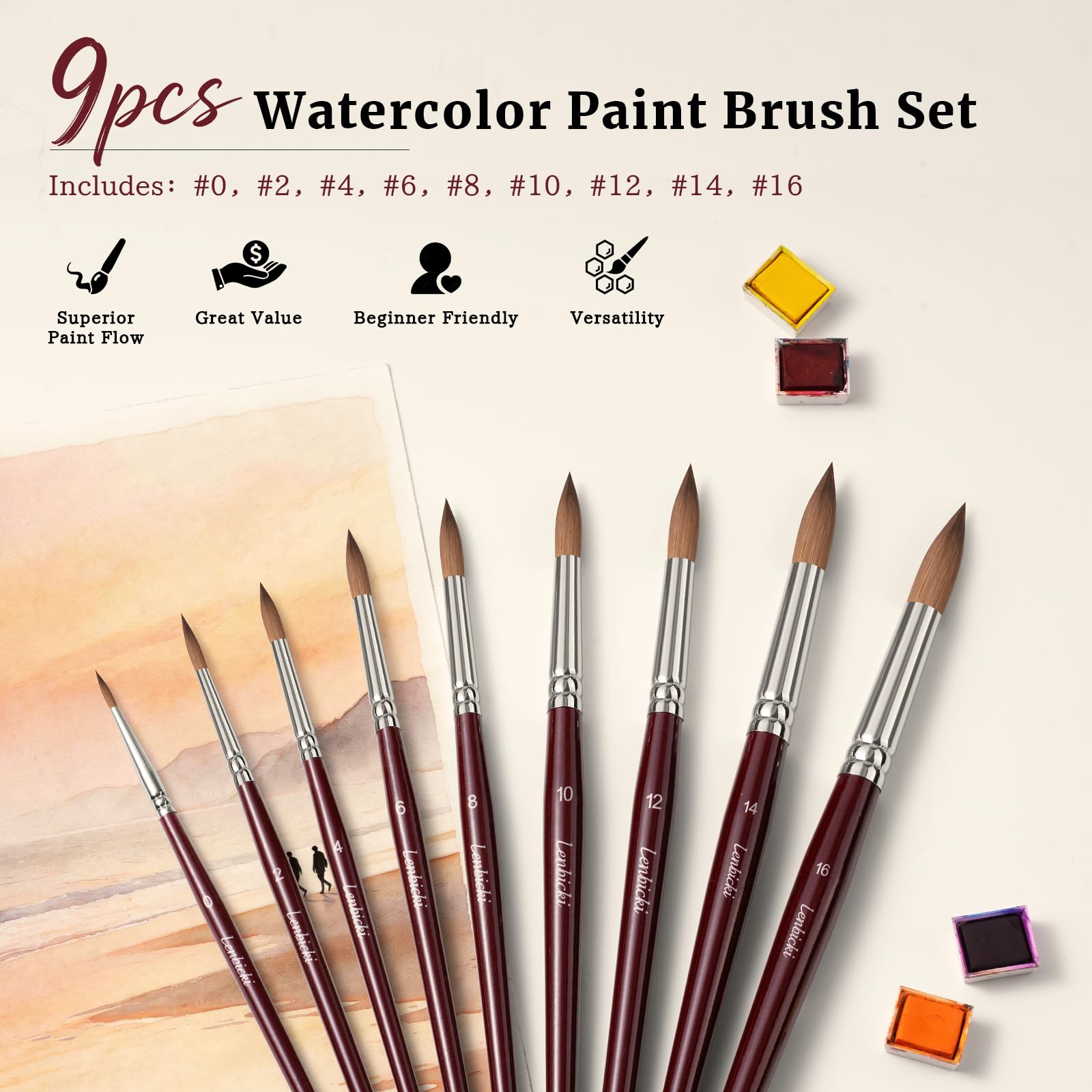 Sable Hair Watercolor Brushes Professional,9pcs Round Detail Watercolor Paint Brush Set,Ideal for