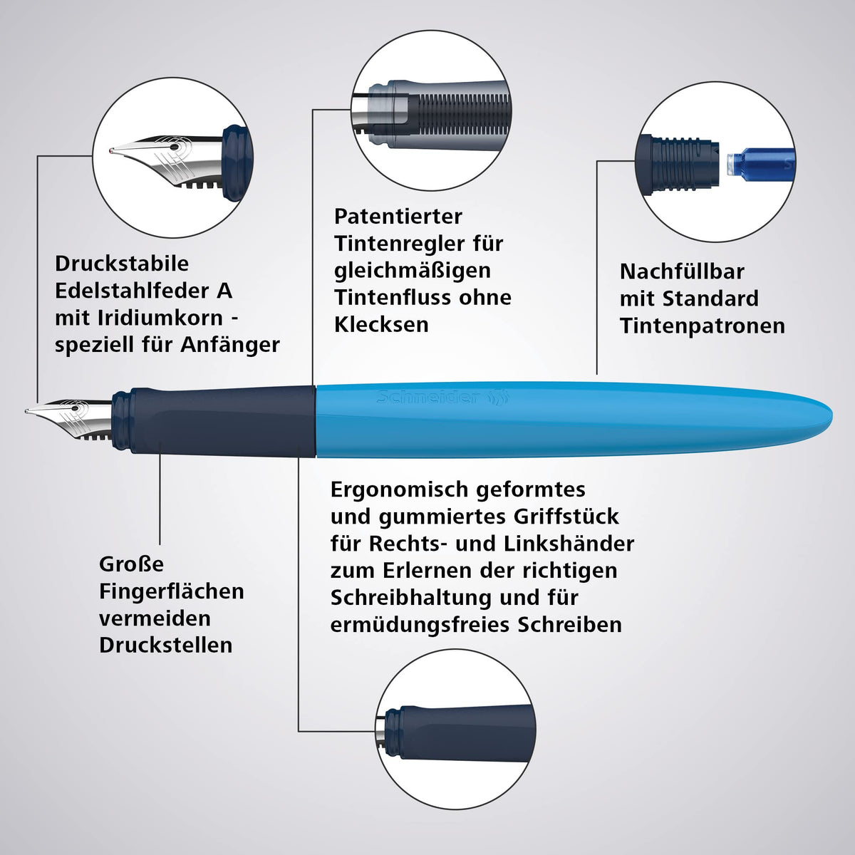 Schneider 162113 Wavy Fountain Pen for Right and Left-Handed Users with Beginner Nib Blue