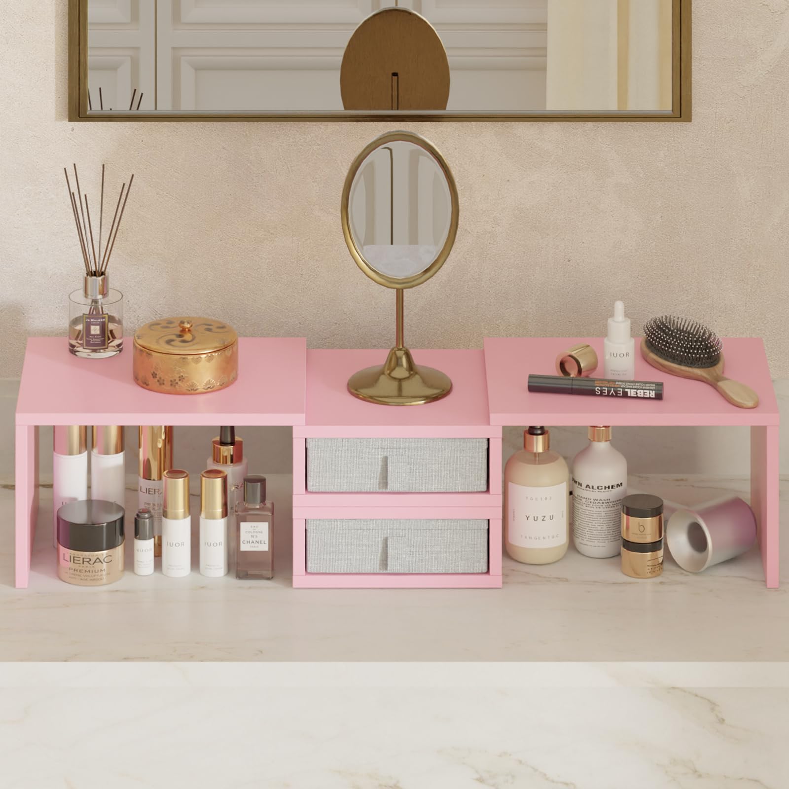 TEAMIX Pink Dual Monitor Stand Riser with 2 Drawers - Length and Angle Adjustable Double Corner