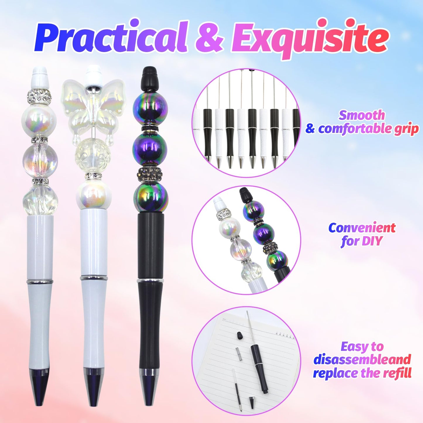 DASTTUIS 150 Pieces DIY Beadable Pen Kit – 50 Plastic Ballpoint Pens with Refills & Bags – School