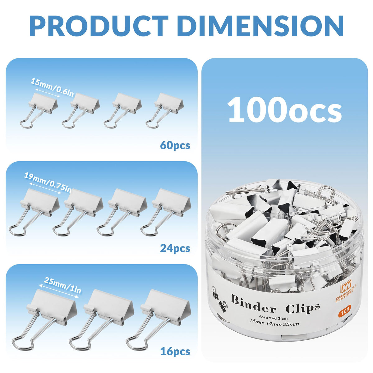 NEEWAY 100 Count Binder Clips Assorted Sizes, Paper Binder Clips (0.6inch 0.75inch 1inch), Metal