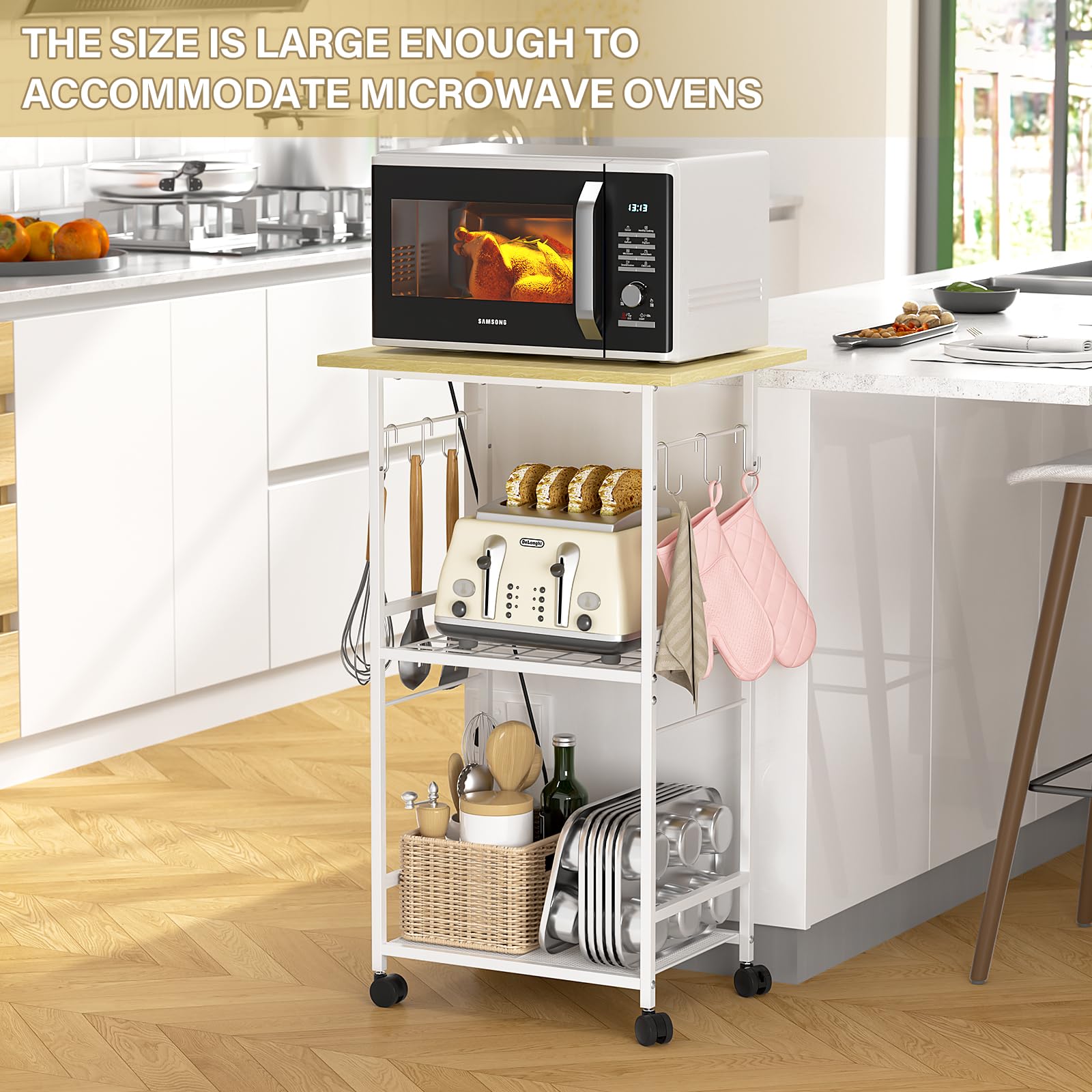 ThreeHio Rolling Kitchen Microwave Cart, 3 Tier Microwave Table Stand with Adjustable Shelf