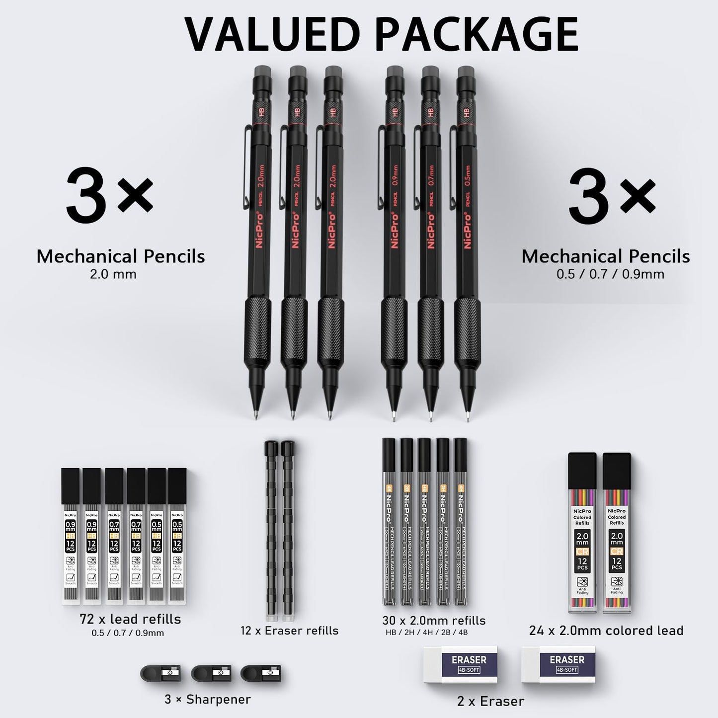 Nicpro 6 PCS Metal Mechanical Pencil Set, Art Drawing Pencil 0.5-2.0MM