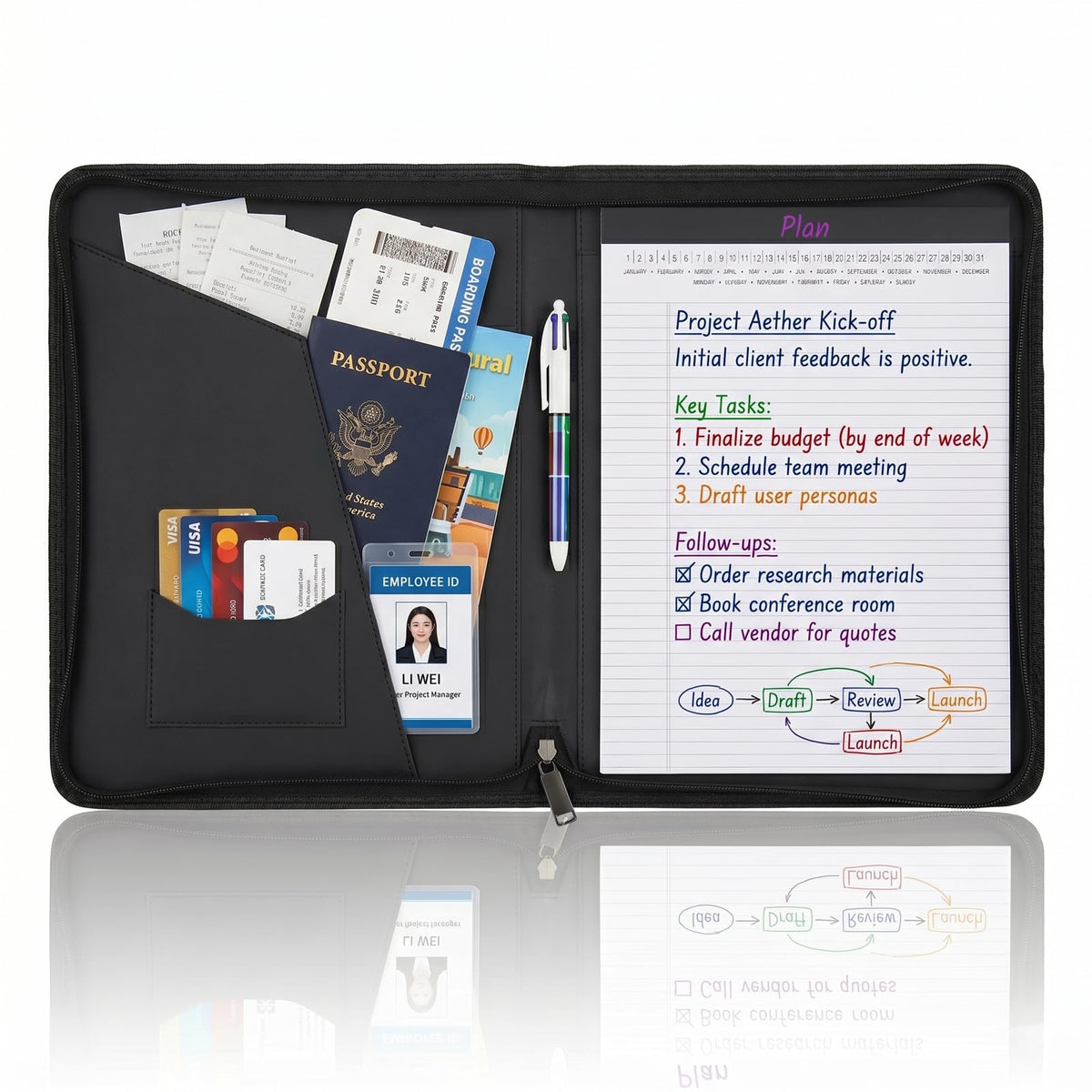OOWOLF Padfolio Portfolio Folder, PU Leather Professional with 8.5 x 11 Letter Size Writing Pad