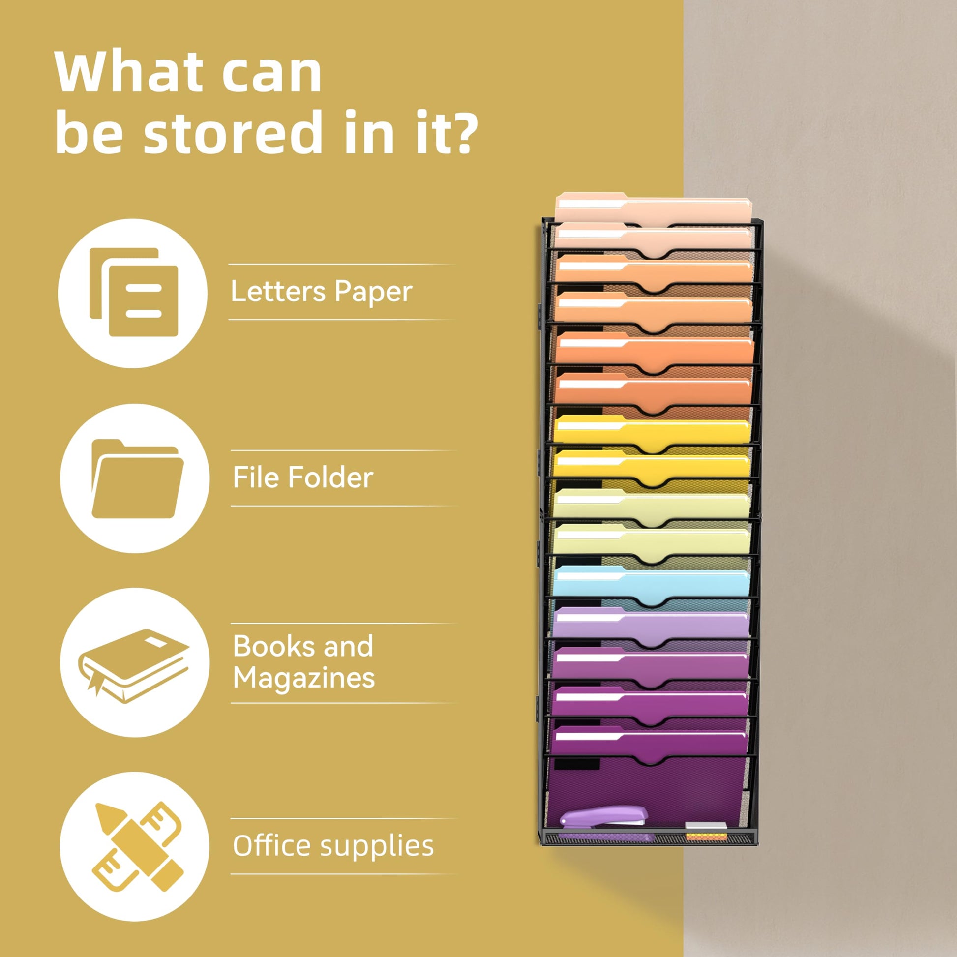 SUPEASY 16-Tier Hanging Wall File Holder Organizer for Papers, Folders, Files Clipboard & Magazine