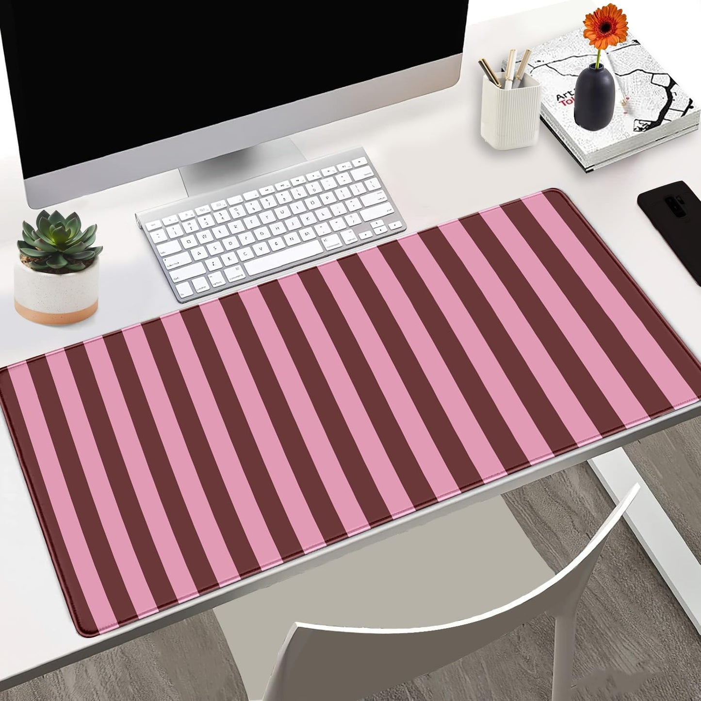 Pink and Burgundy Striped Desk Mat Cute Pastel XXL Large Gaming Mouse Pad Desk Pad Kawaii Cozy