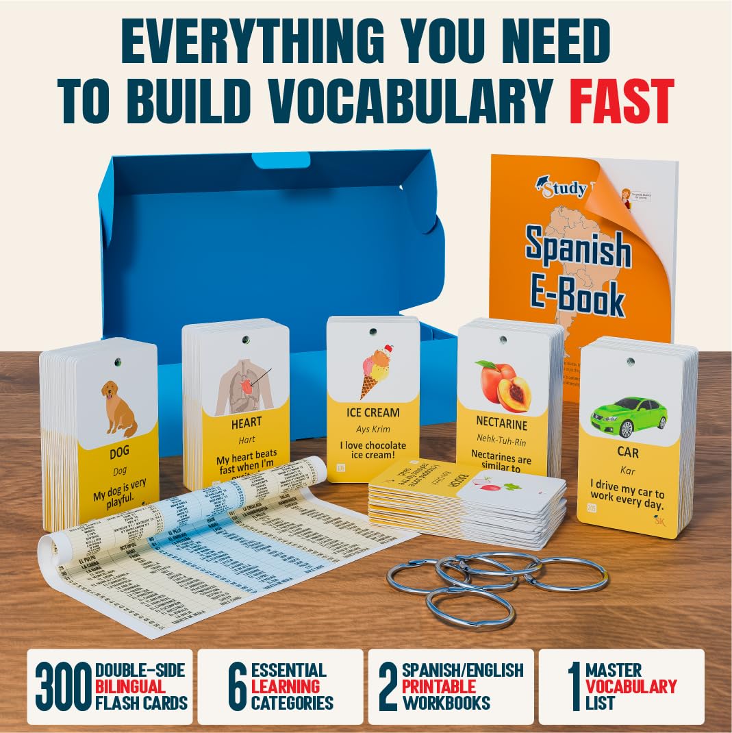 300 Bilingual English Spanish Flash Cards for Adults & Kids Ages 12+