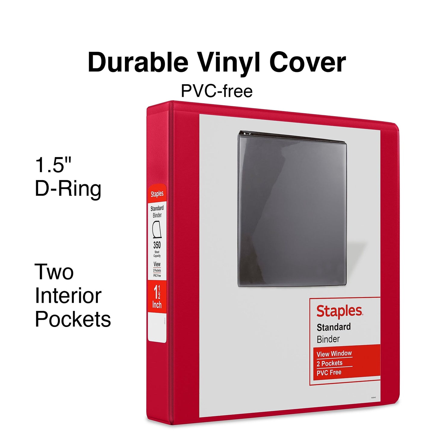 Staples 1 1/2" 3-Ring View Binders, D-Ring, Red, 4/Pack