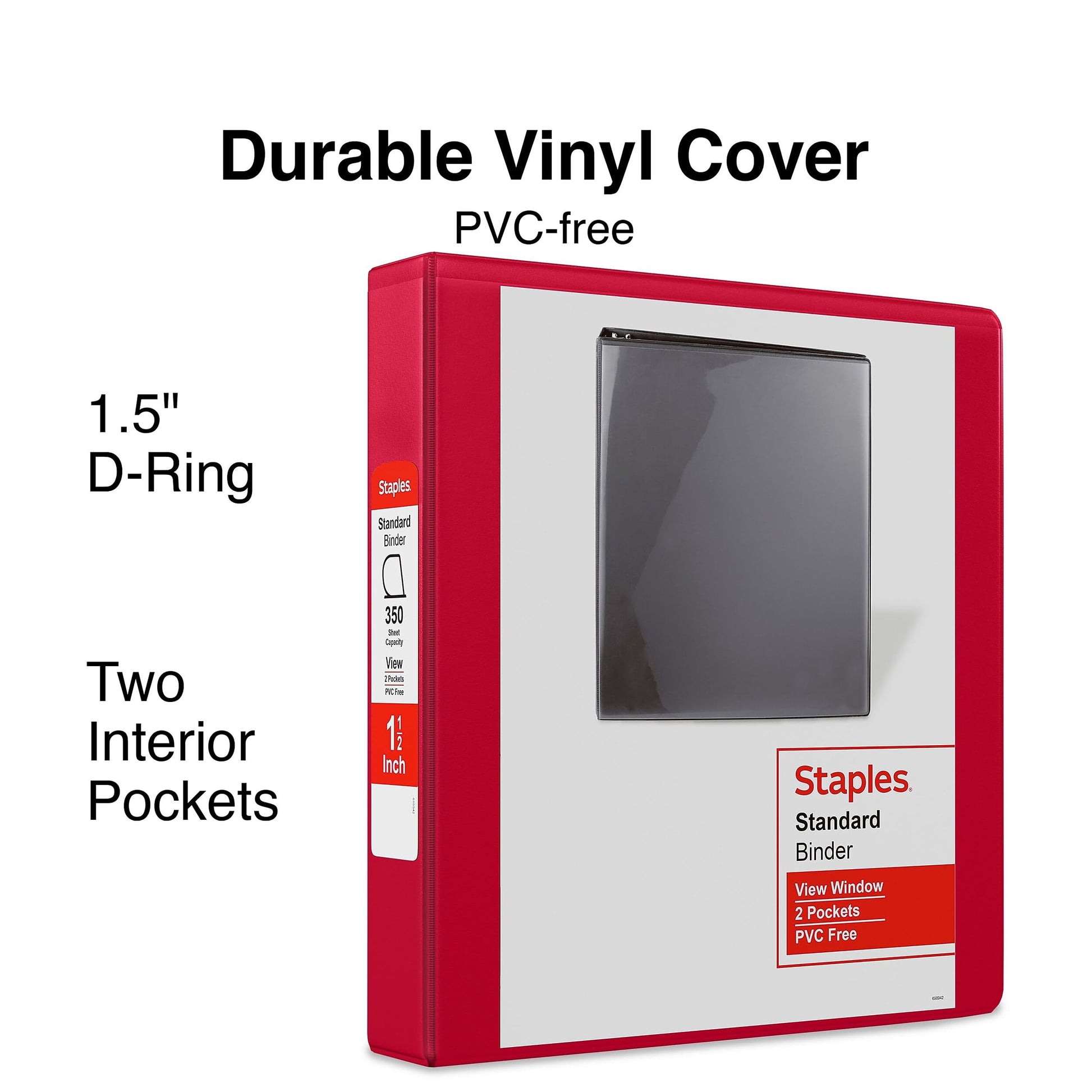 Staples 1 1/2" 3-Ring View Binders, D-Ring, Red, 4/Pack