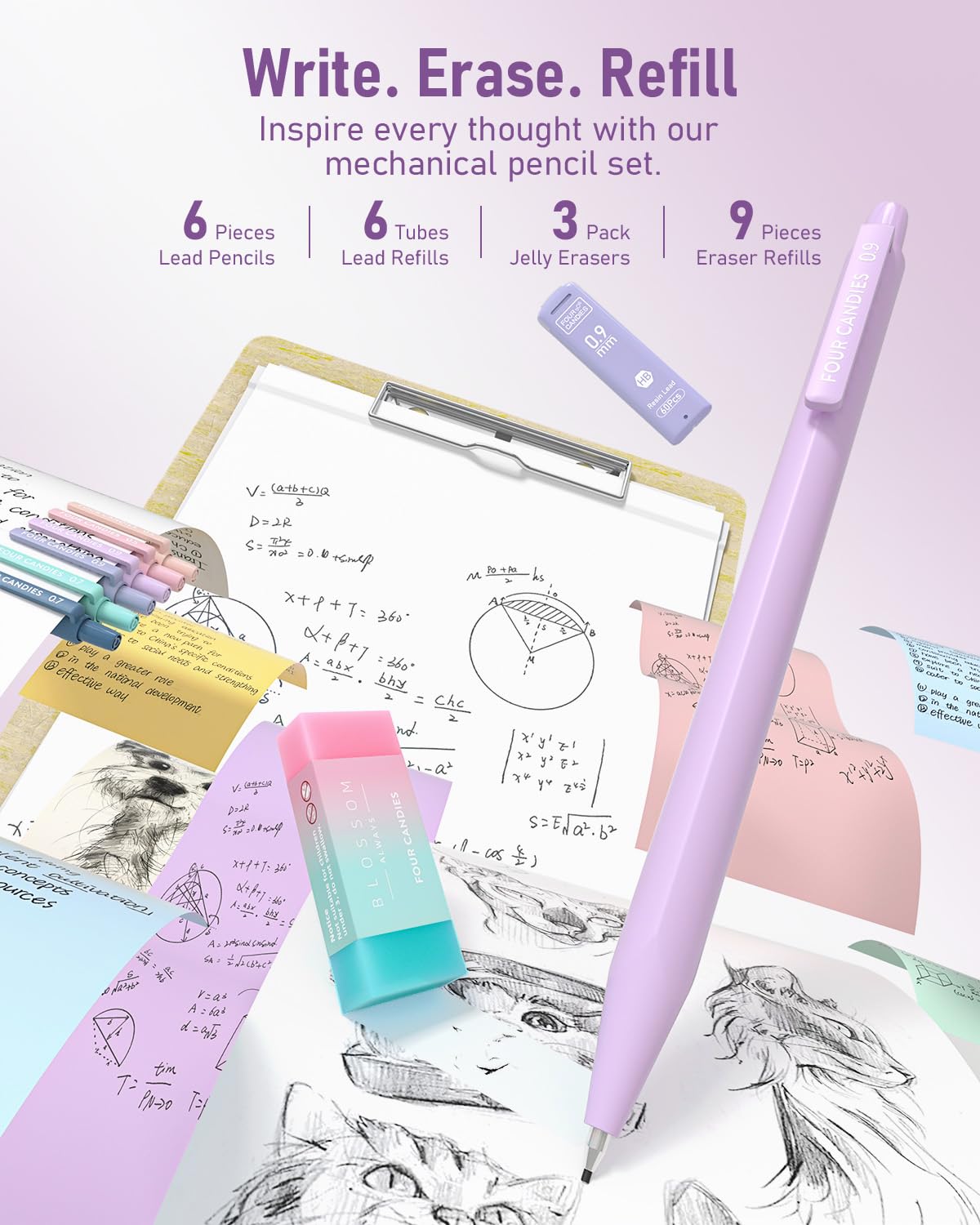 Four Candies School Supplies with Cute Pencil Case, 39ct, Purple
