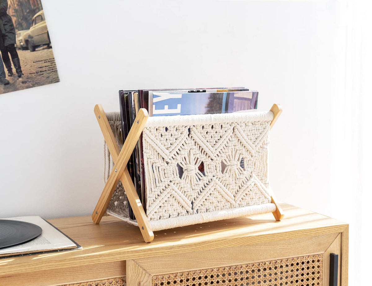 Mkono Macrame Magazine Holder, Boho Woven Book Rack Basket, 14" L x 10" W