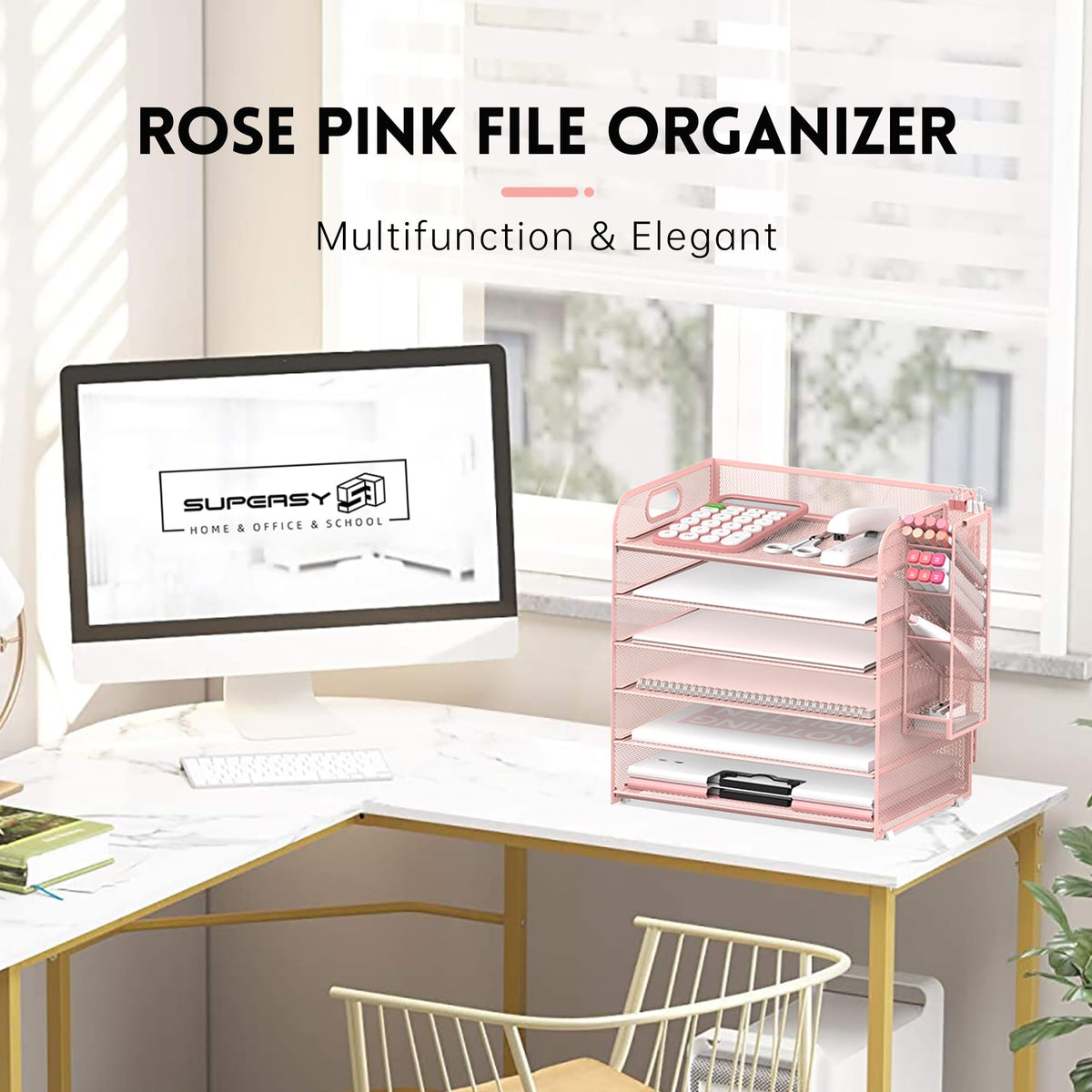 Supeasy 6 Tier Desk Organizer with 4 Pen Holders & Mesh Paper Trays Pink