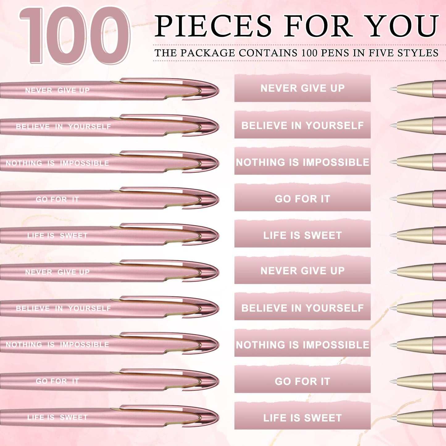 Lincia 100 Pcs Motivational Ballpoint Pens Bulk, Retractable, Black Ink