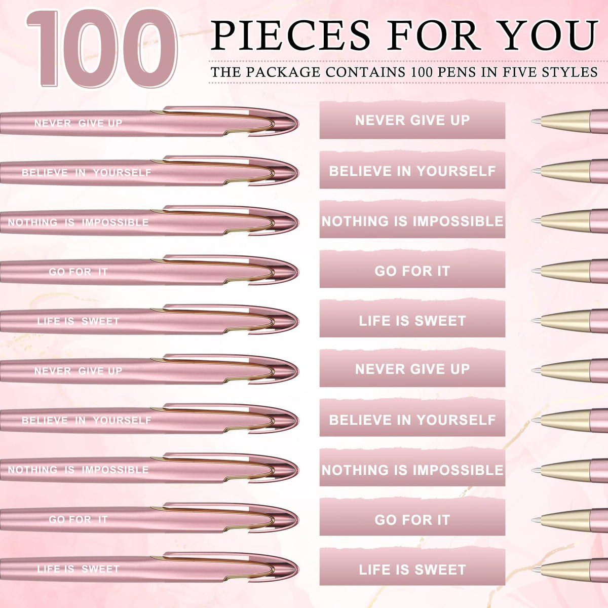 Lincia 100 Pcs Motivational Ballpoint Pens Bulk, Retractable, Black Ink