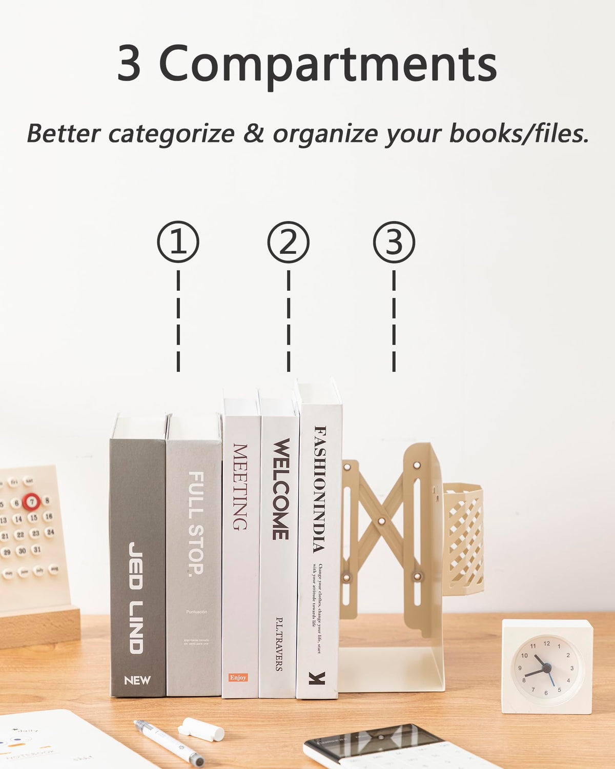 Kingsmile Book Ends, Adjustable Heavy Duty Metal Book Stoppers with Pen Holder for Desk Office