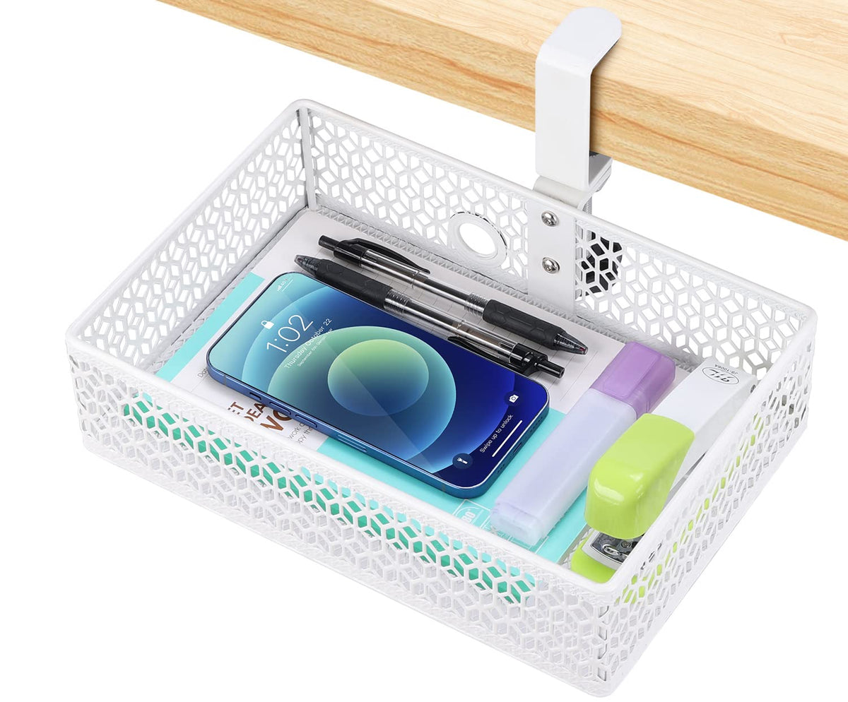 ROSYLINE Under Desk Storage Basket Hanging Drawer Tray, Clamp On Organizer