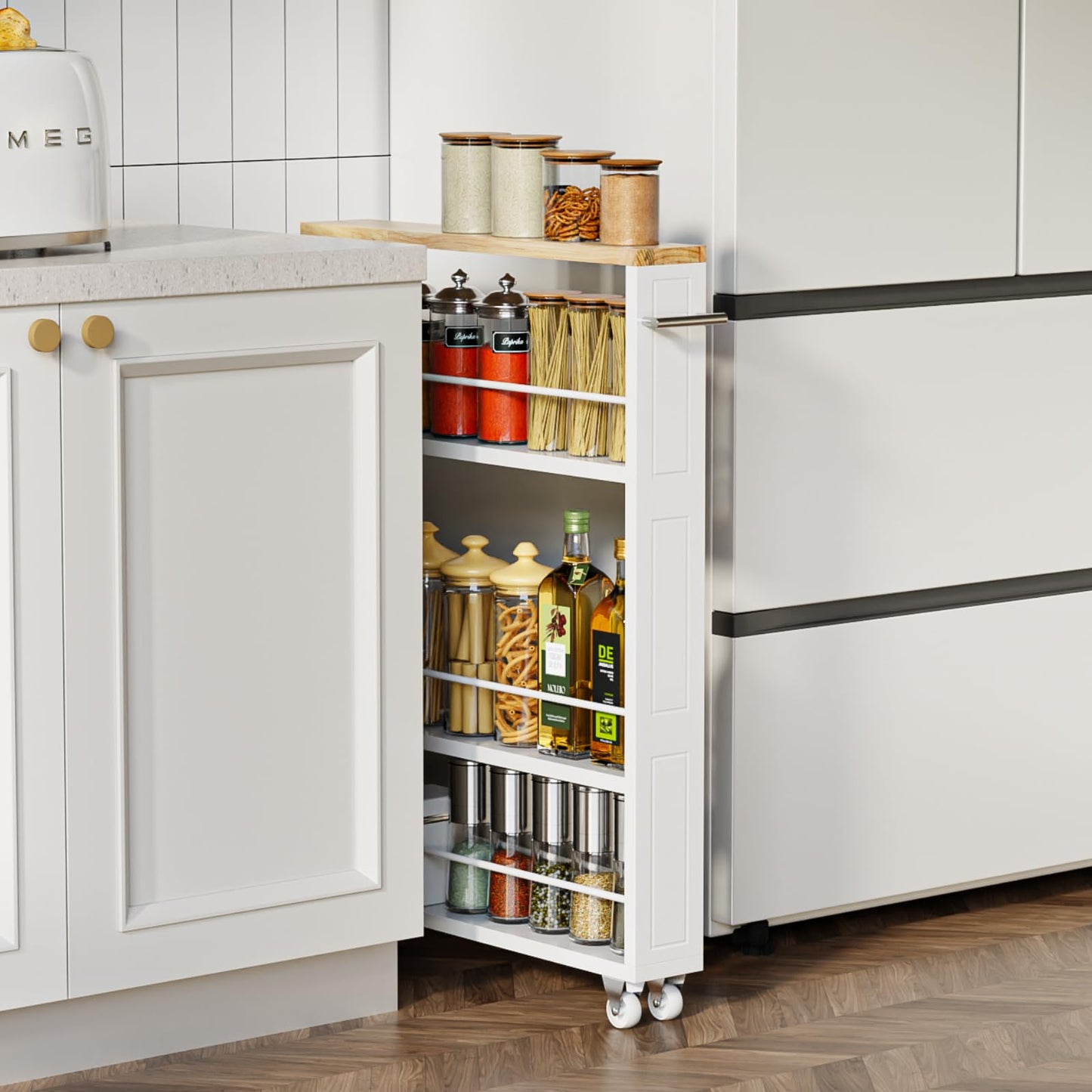 KLM 4 Tier White Slim Storage Cart with Handle, Slide Out Storage Rolling Utility Cart for Kitchen