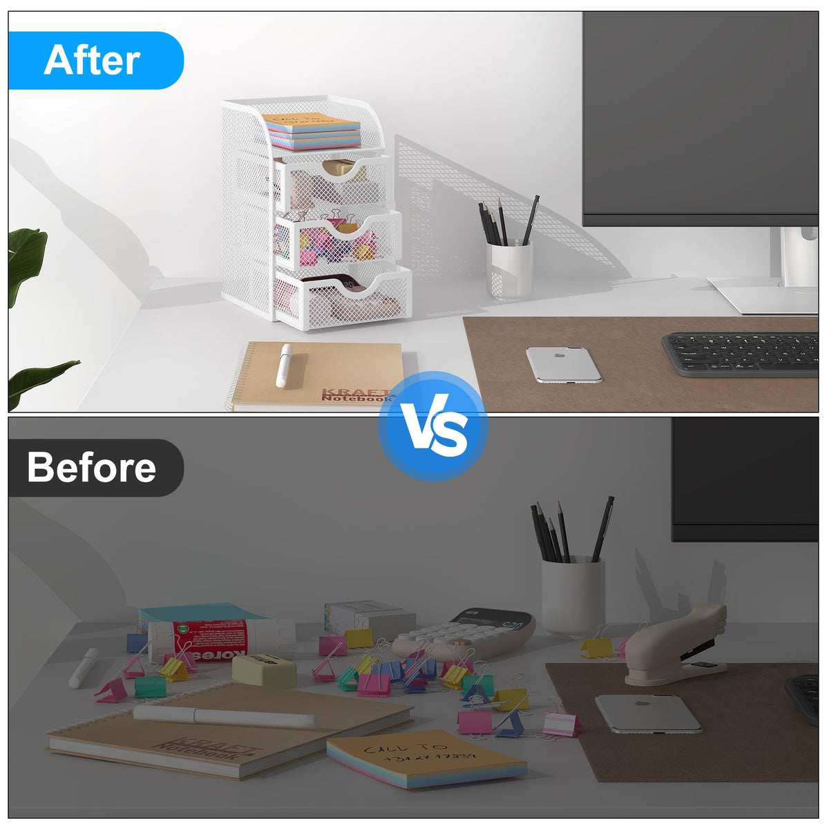 EasyPAG Mesh Desk Organizer with 3 Drawer Office Desktop Organizers and Accessories Stationery