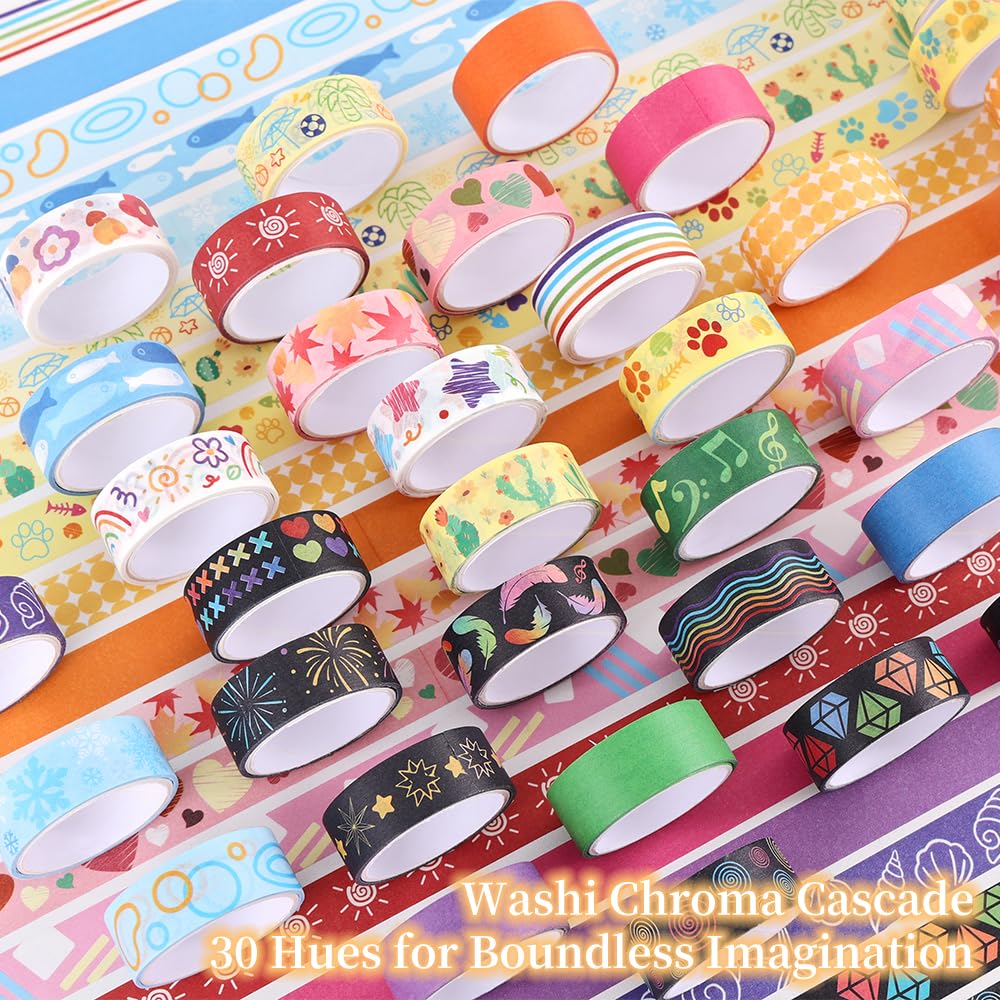 icceemee 30 Rolls Colorful Theme Washi Tape Set with Different Colorful Patterns, Writable