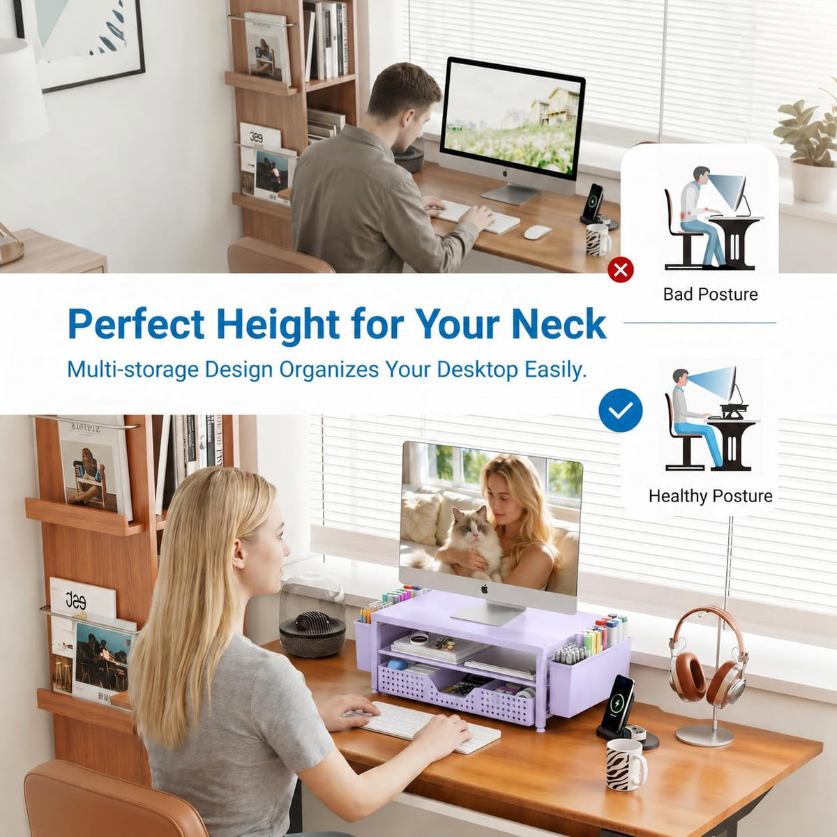 OPNICE Desk Organizers and Accessories, Computer Monitor Stand Riser with Drawer and 2 Pen Holders
