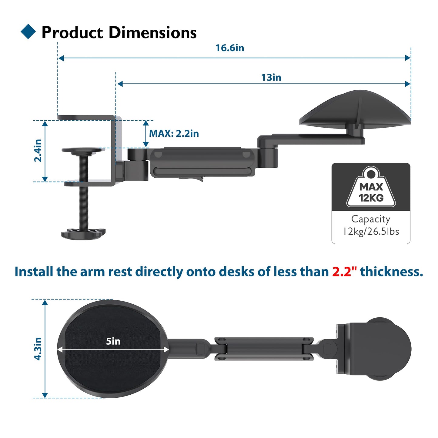 BONTEC Adjustable Arm Rest for Desk, 360° Rotating & Extendable, Aluminum