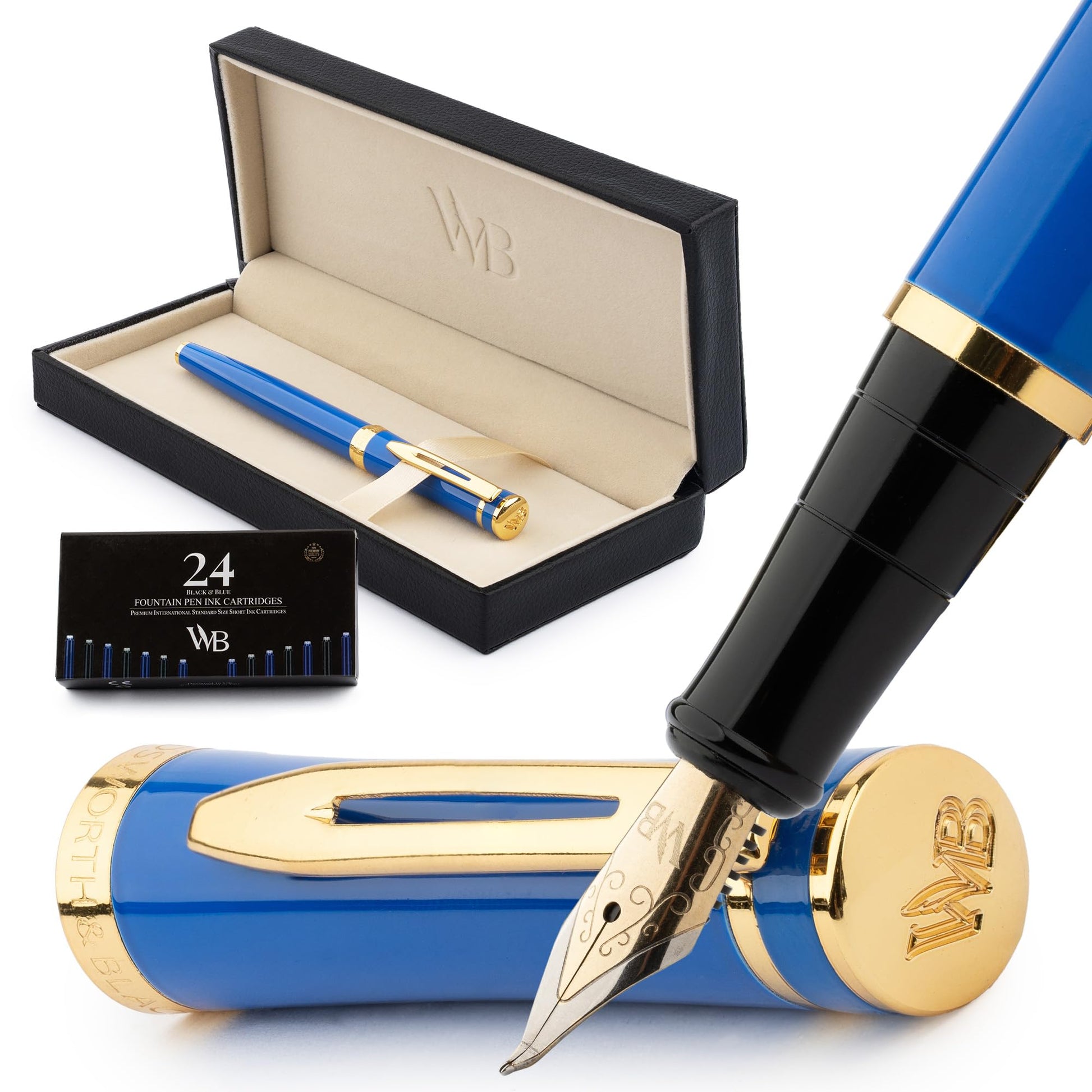 Wordsworth & Black Luxury Fountain Pen Set for Writing, Bent Nib, Blue
