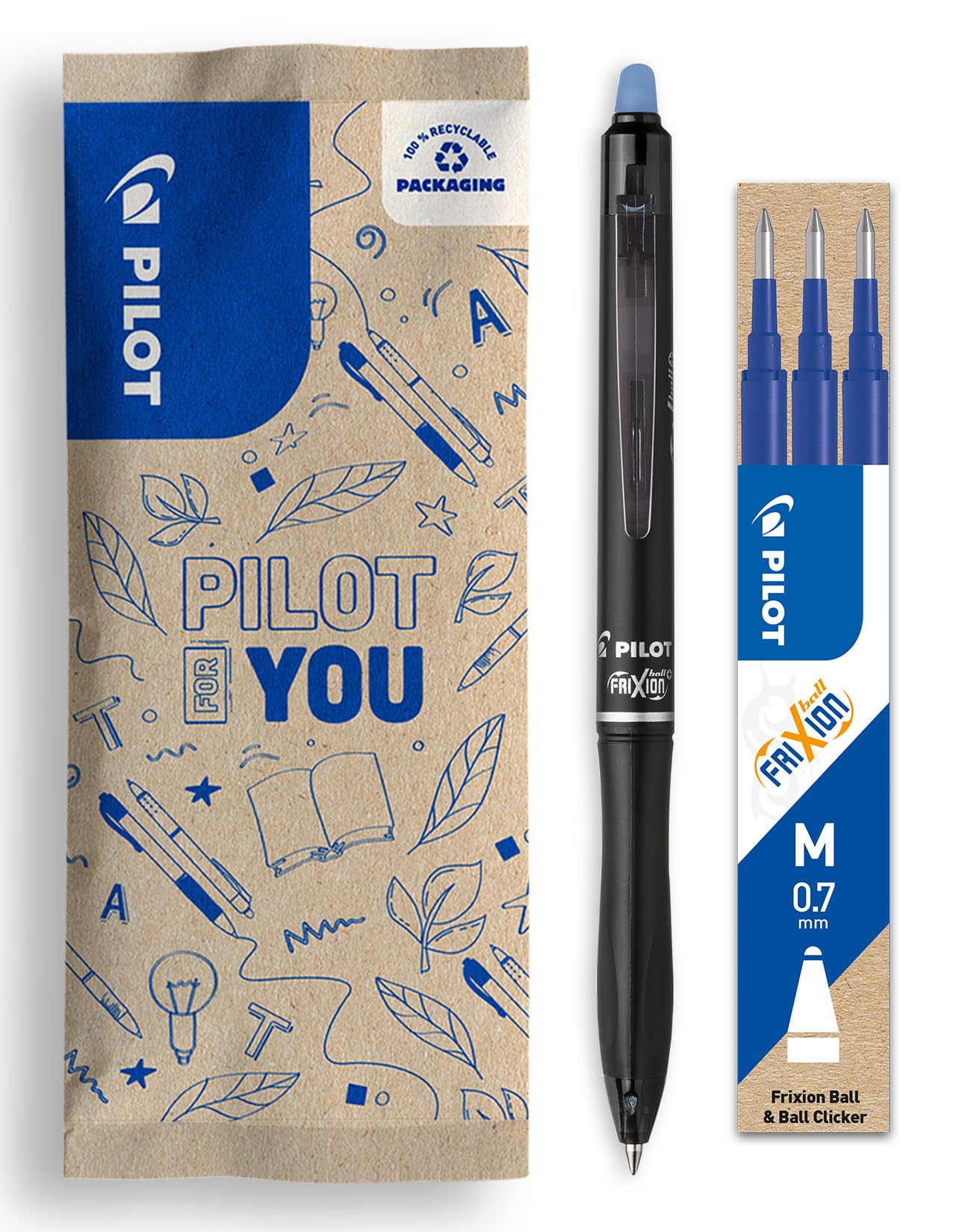PILOT - FriXion Ball 07 Plus Set - 1 Pen + 1 Set of 3 Refills - Erasable Gel Rollerball Pen with
