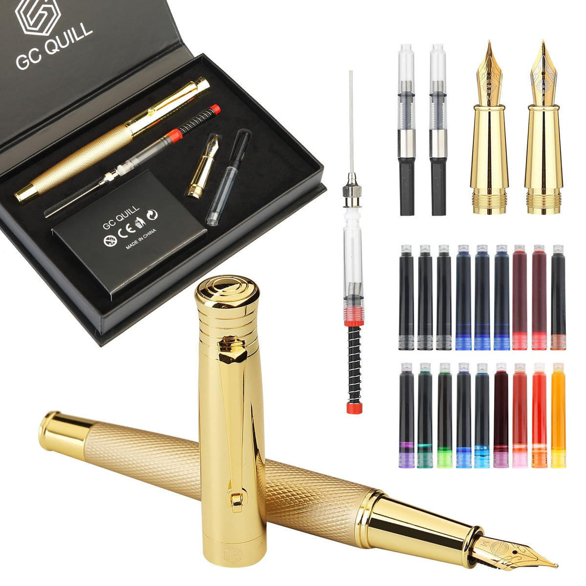 GC QUILL Fancy Fountain Pen Set – Fine and Medium Nibs, 18 Ink Cartridges, Ink Converter, Syringe