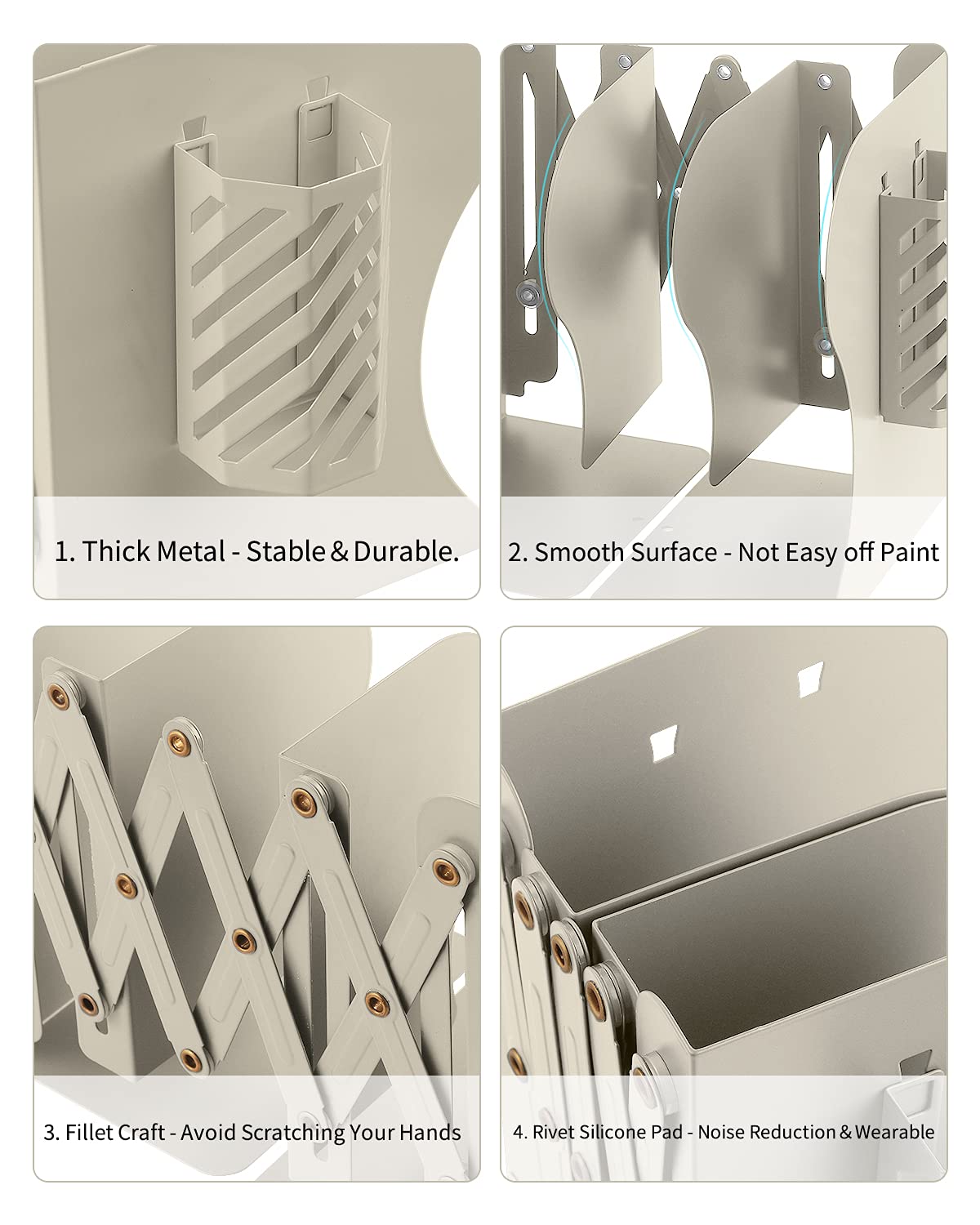 MSDADA Adjustable Bookends, Metal Book Ends for Heavy Books, Expandable Book Organizer with Pen