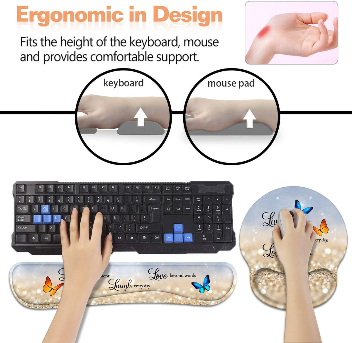 Keyboard Wrist Rest + Mouse Pad Wrist Support Set with Coasters, Non-Slip PU Base Ergonomic
