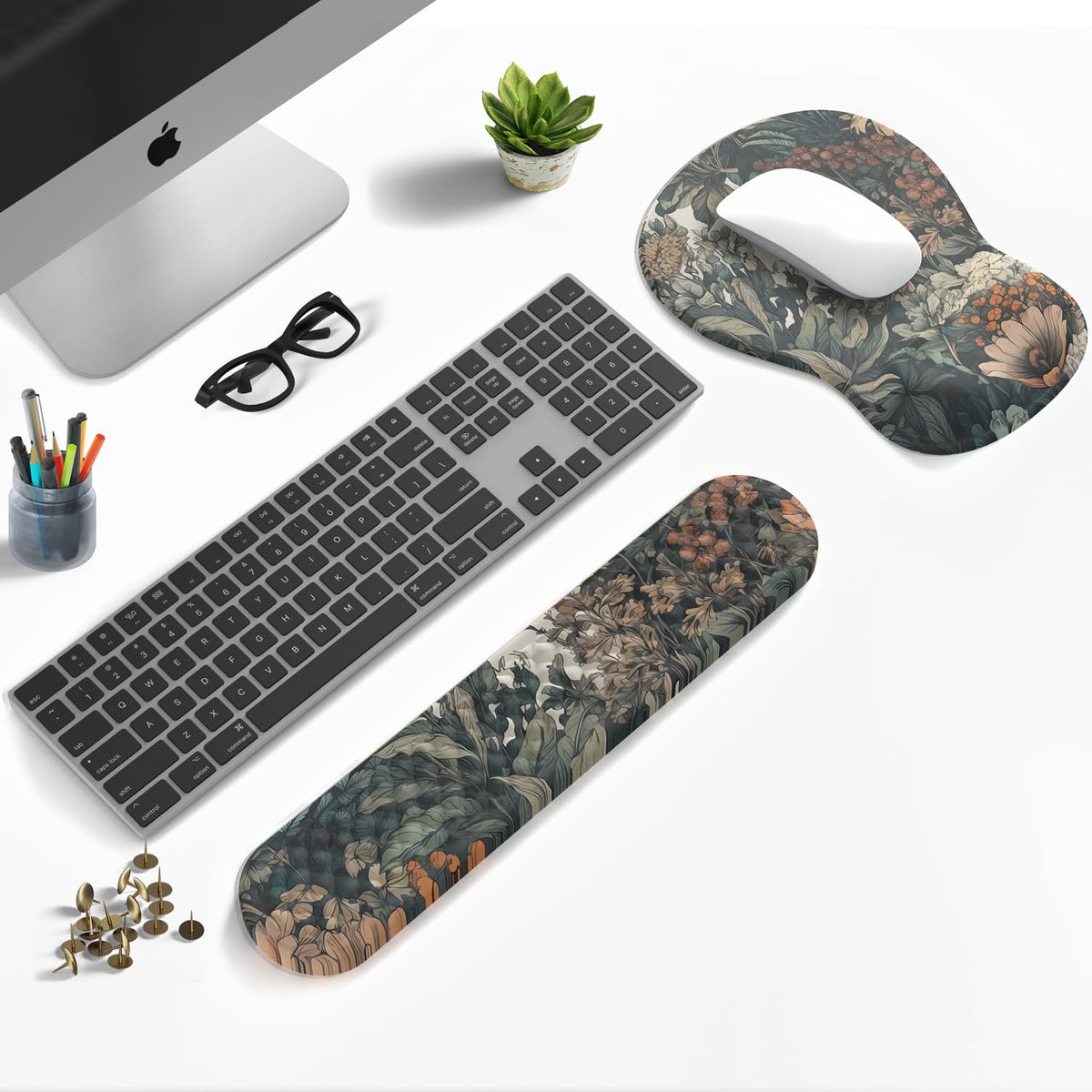 Boho Aesthetic Mouse Pad with Wrist Rest Keyboardpad Vintage Wildflowers Wrist Rest for Computer