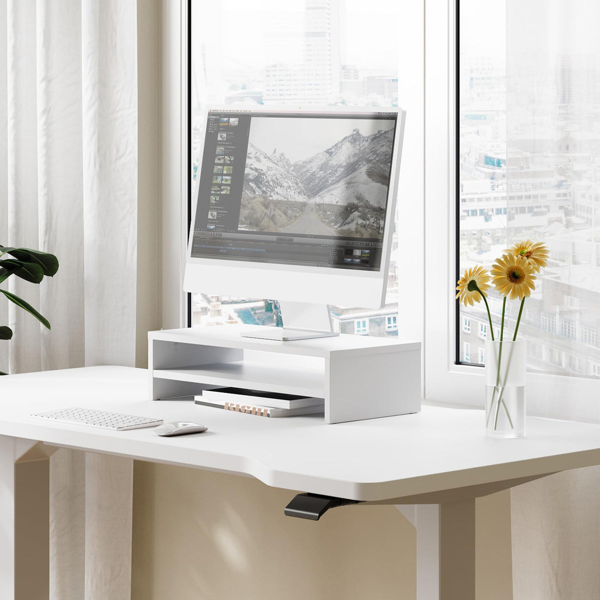 FITUEYES Wooden Monitor Stand Riser, 2-Tier Desk Storage Shelf, White